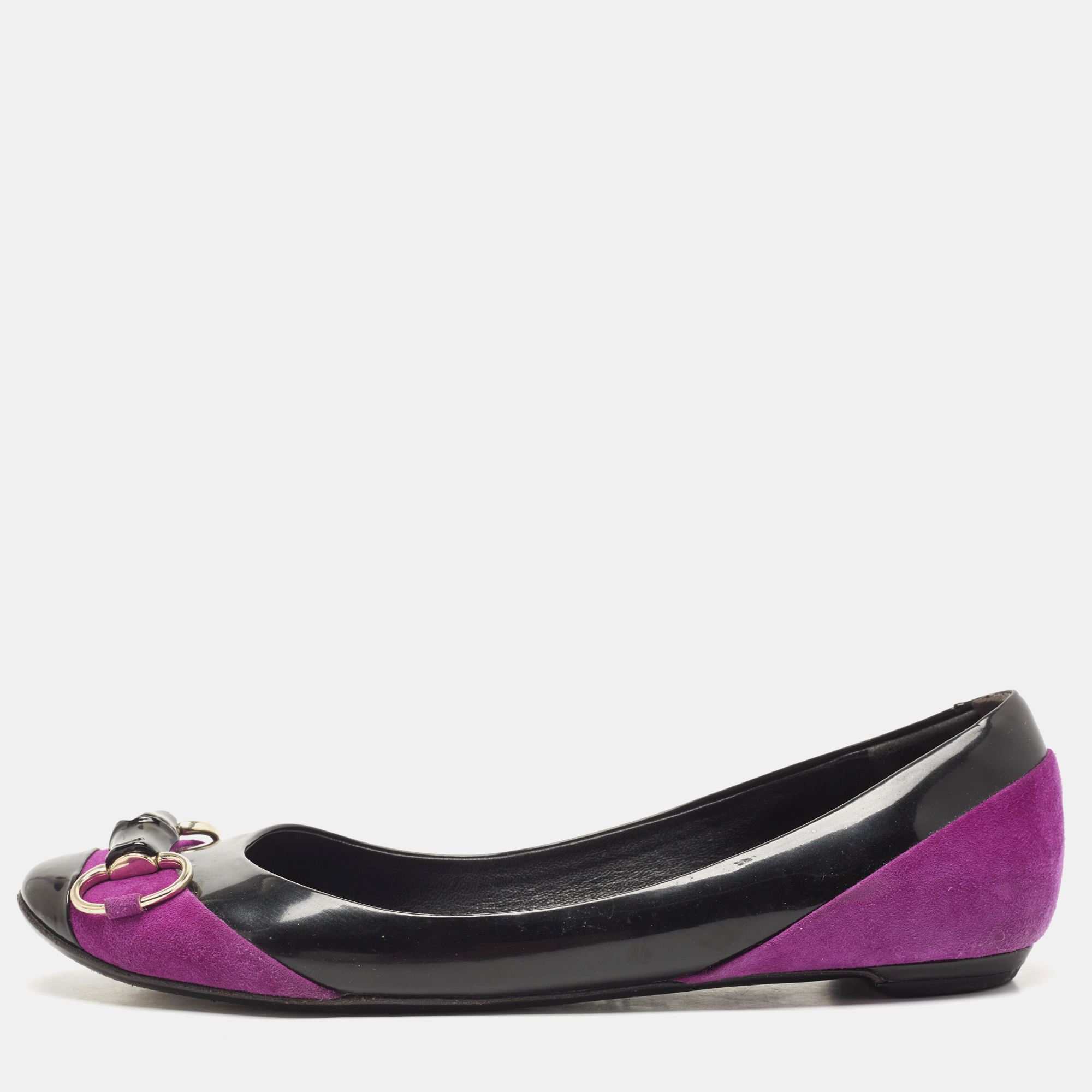 

Gucci Purples/Black Patent Leather And Suede Bamboo Horsebit Ballet Flats Size, Purple