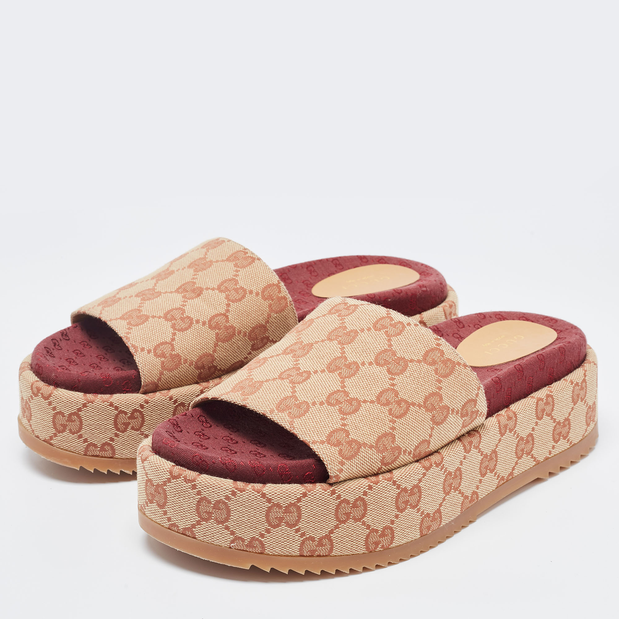 

Gucci Beige GG Canvas Platform Flat Slides Size