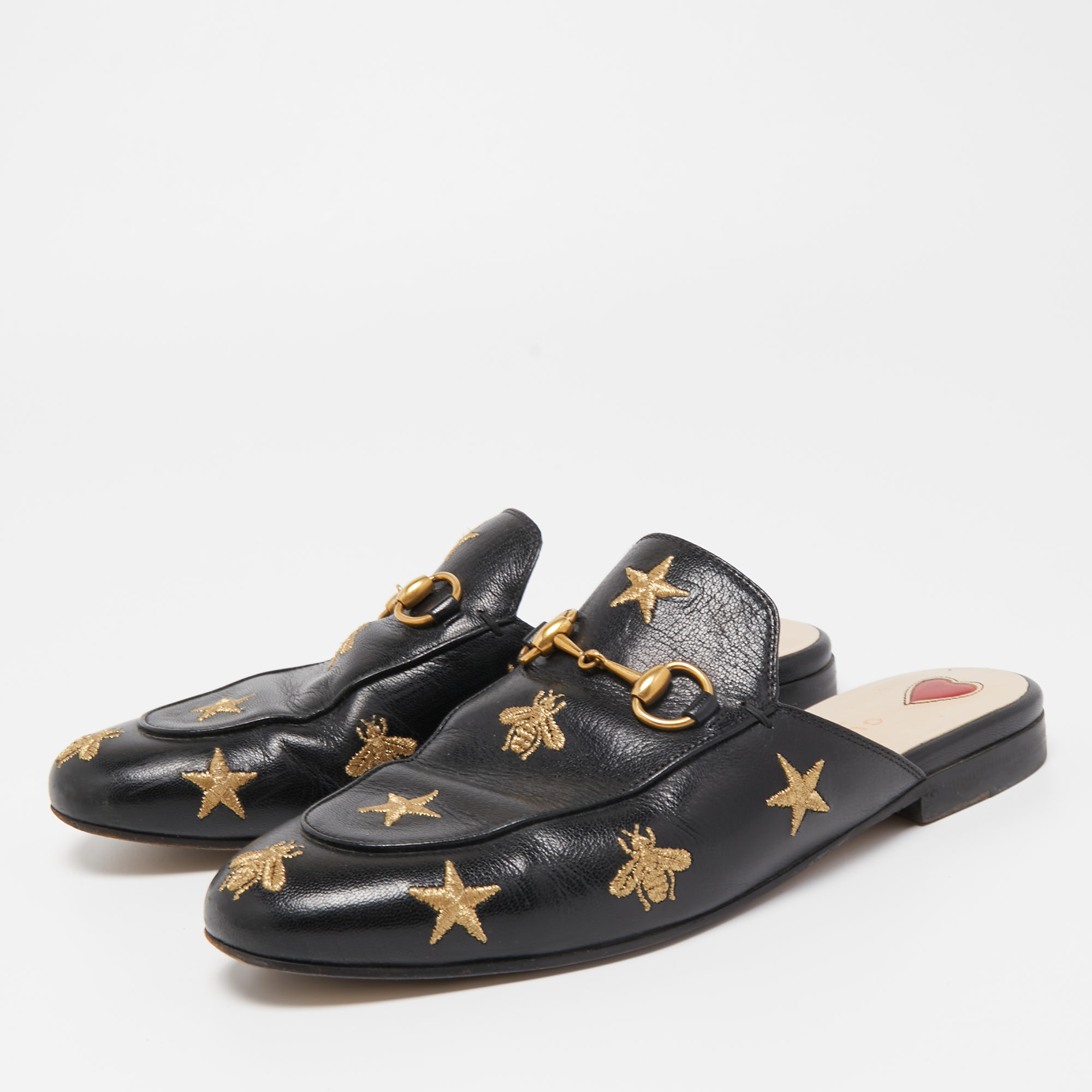 

Gucci Black Leather Bee Embroidered Princetown Mules Size