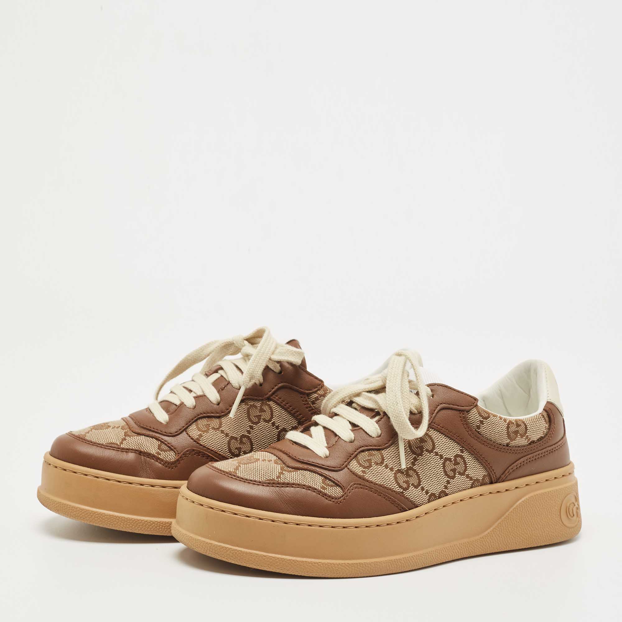 

Gucci Brown/Beige GG Canvas And Leather Low Top Sneakers Size
