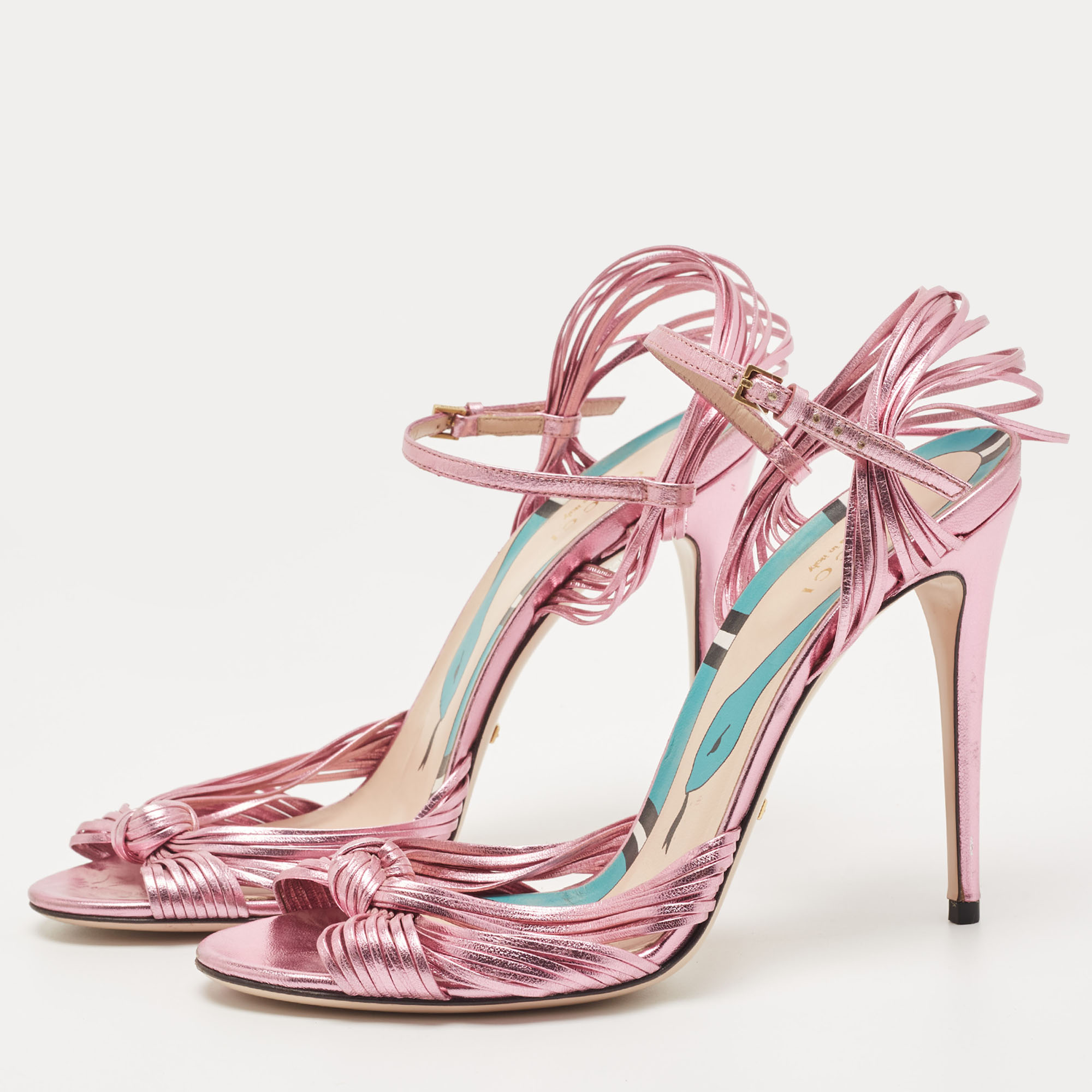 

Gucci Metallic Pink Leather Allie Ankle Strap Sandals Size