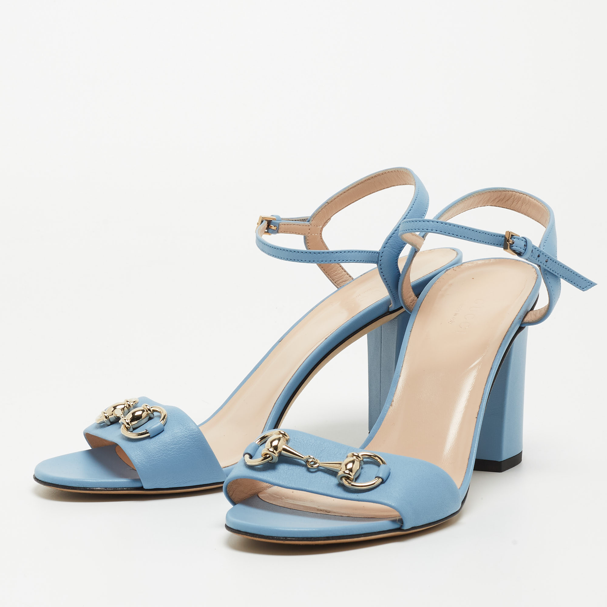 

Gucci Blue Leather Horsebit Block Heel Ankle Strap Sandals Size