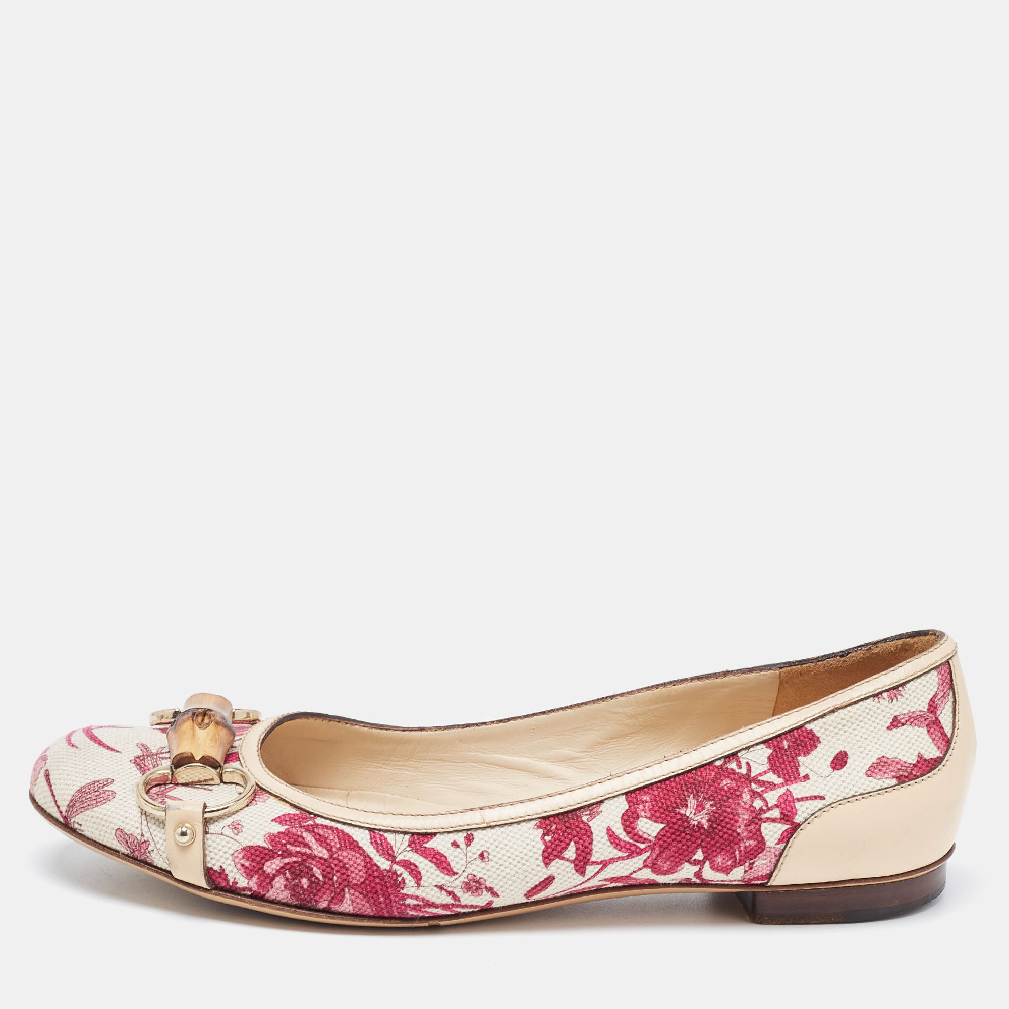Pre-owned Gucci Multicolor Flora Canvas And Leather Bamboo Bit Ballet Flats Size 38