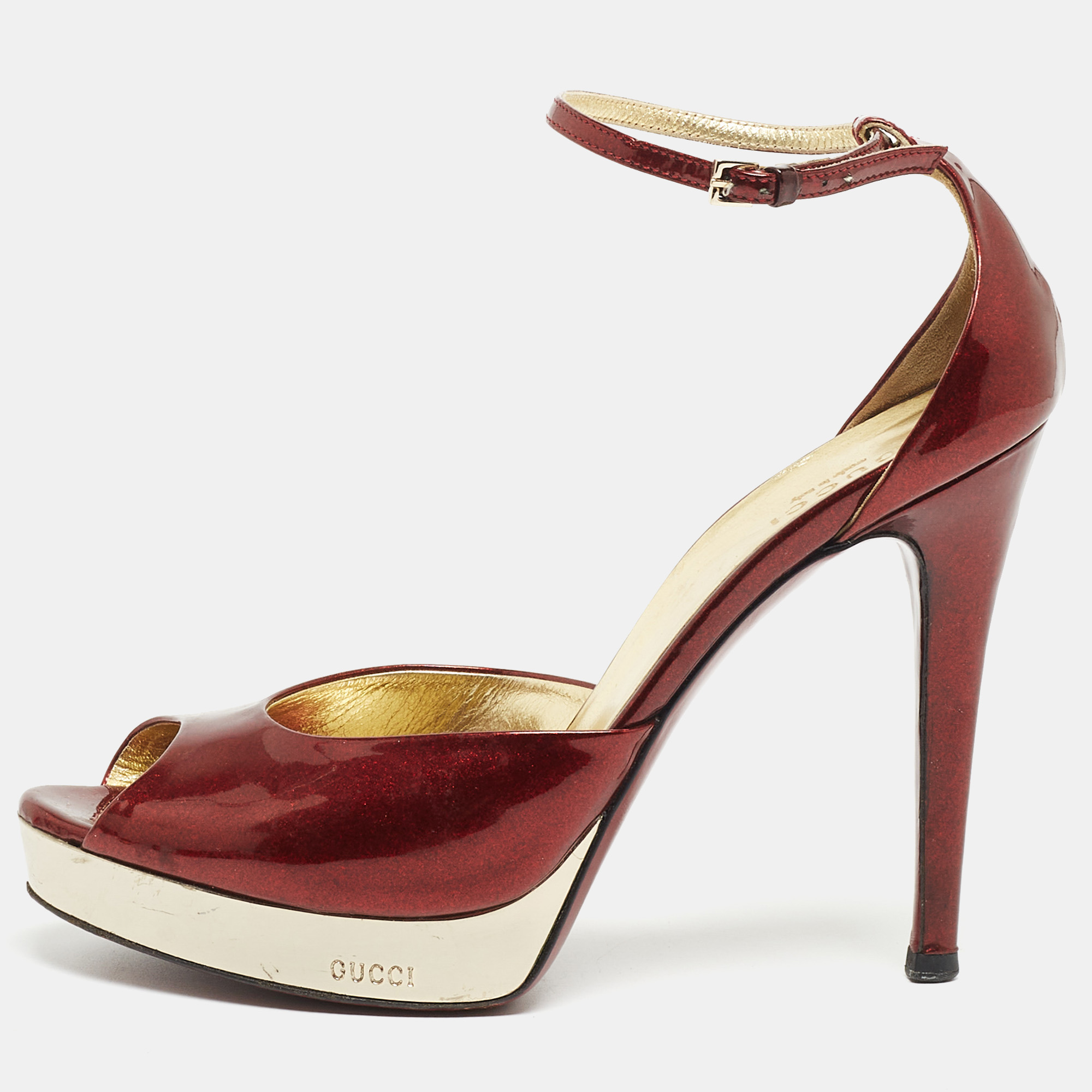 Pre-owned Gucci Red Patent Leather Ankle Strap Sandals Size 38.5 In Burgundy