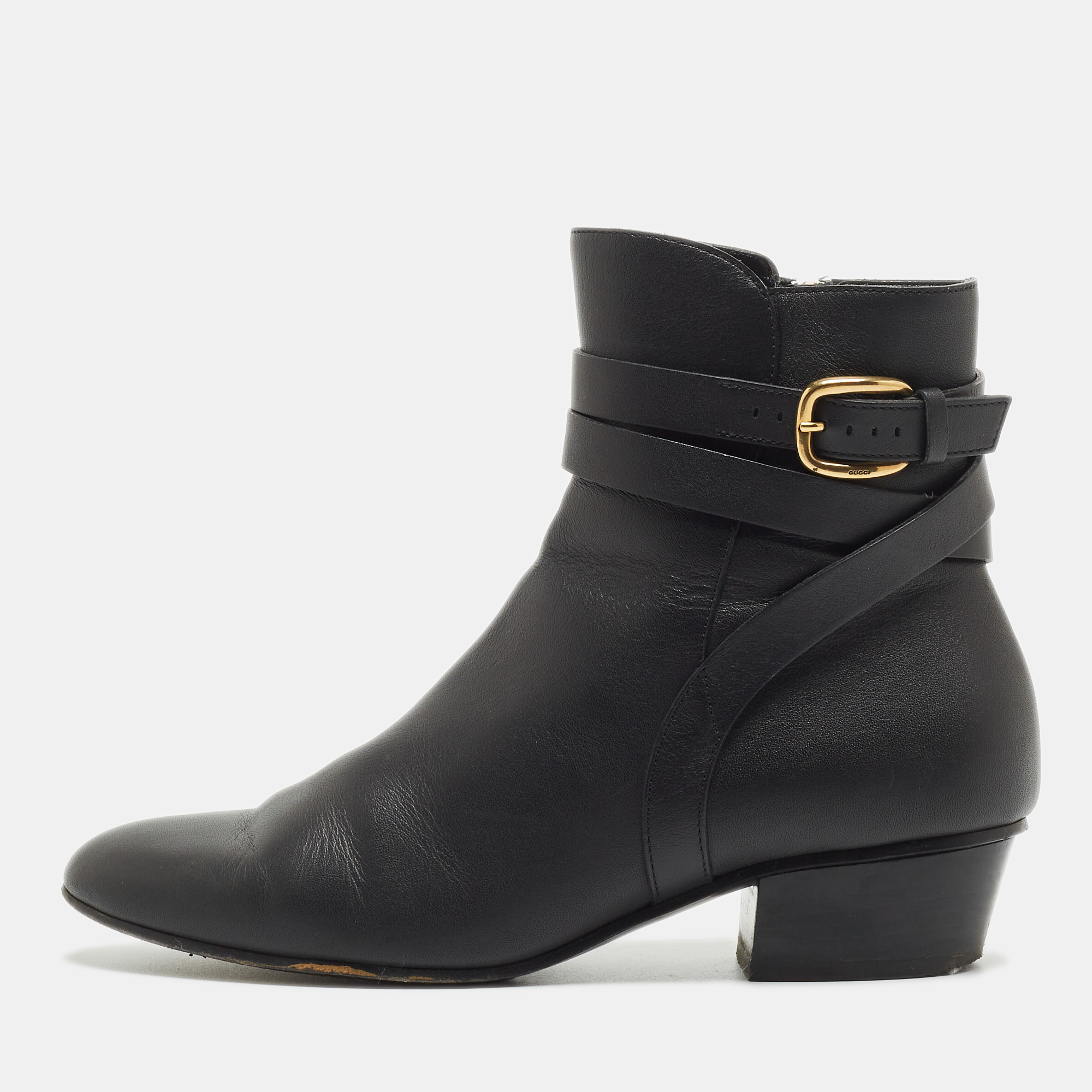 Pre-owned Gucci Black Leather Buckle Detail Ankle Booties Size 36.5