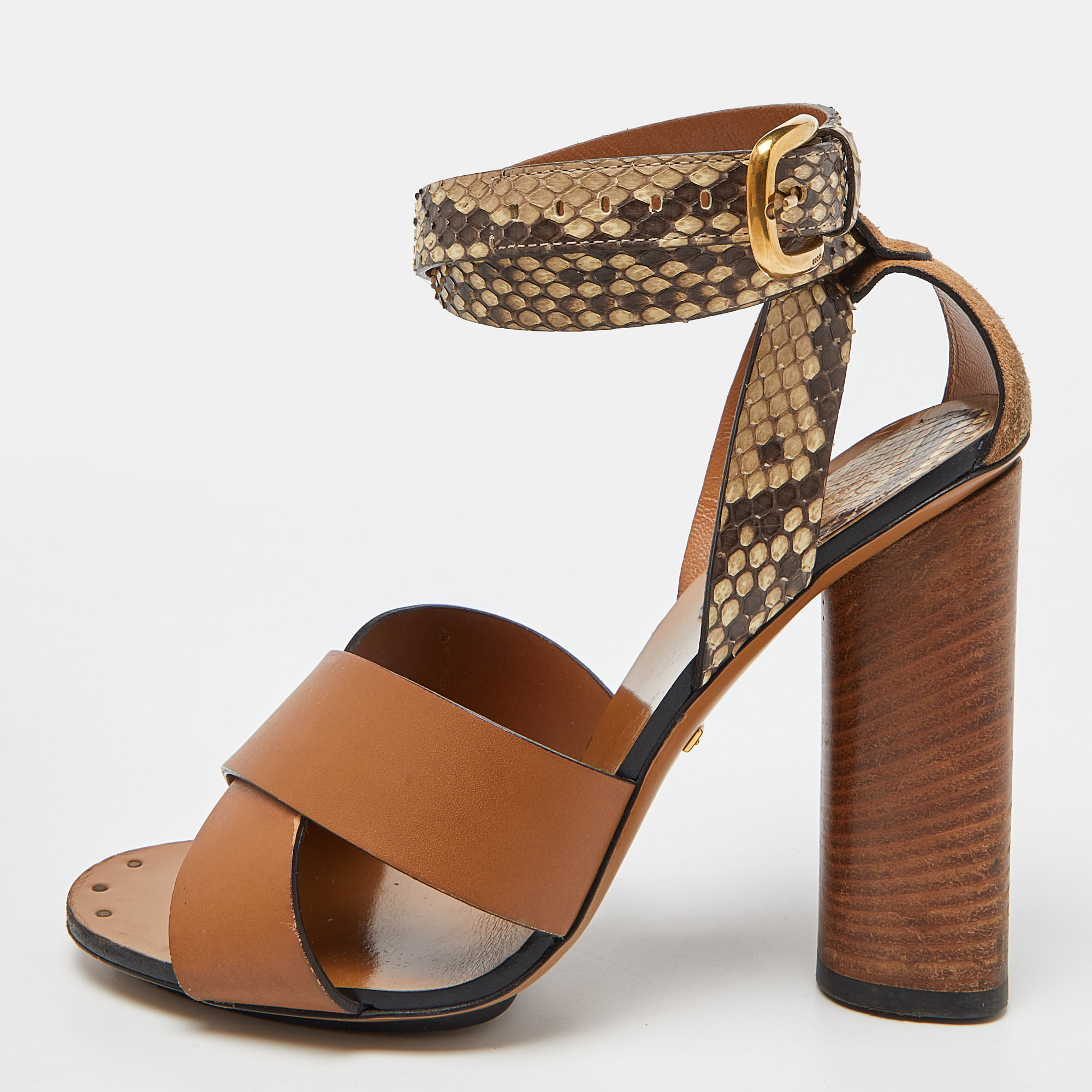 Pre-owned Gucci Brown Python And Leather Crisscross Ankle Strap Sandals Size 35