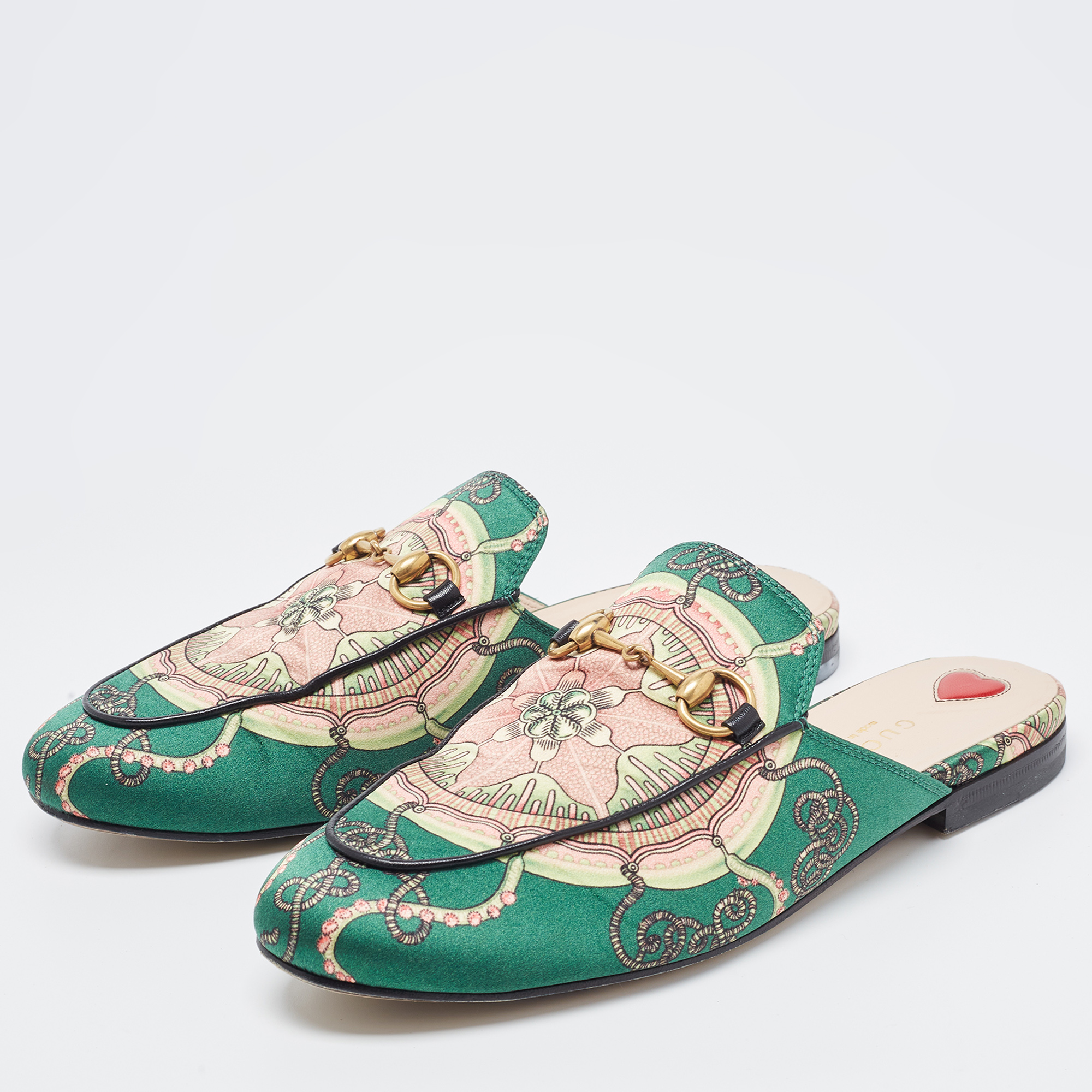 

Gucci Green Printed Satin Princetown Mules Size
