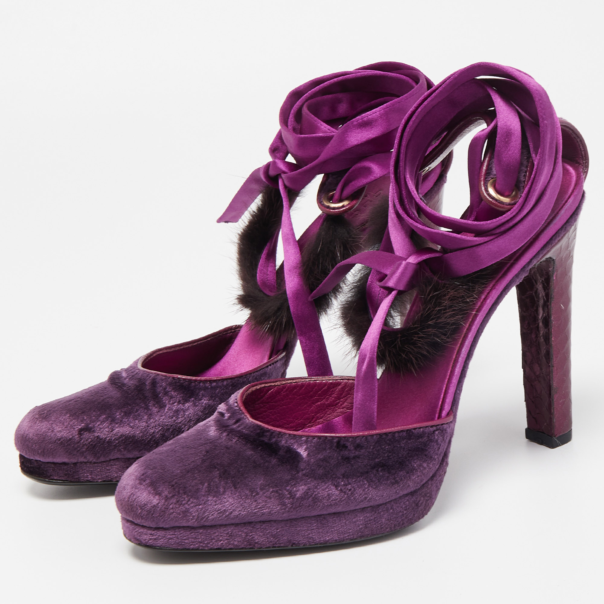 

Gucci Purple Velvet and Mink Fur Trim Ankle Tie Pumps Size