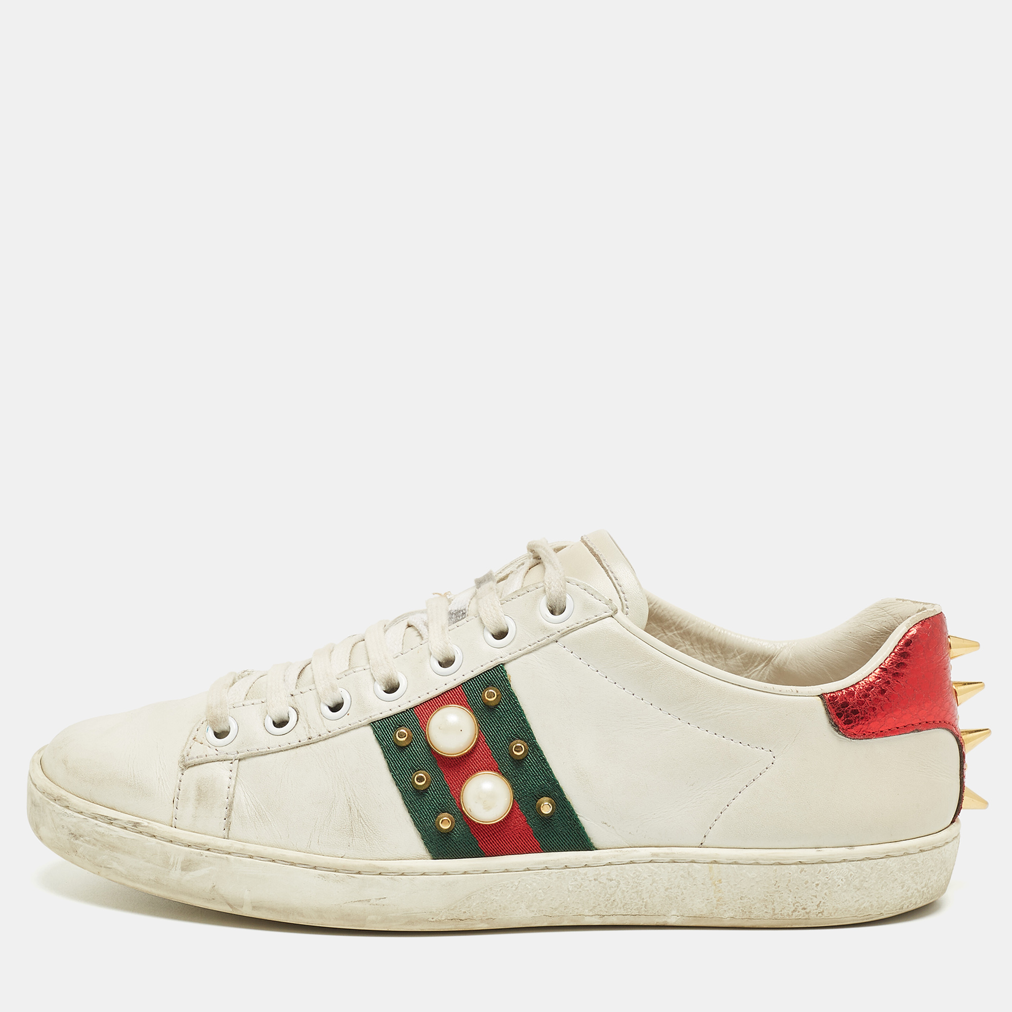 Pre-owned Gucci White Leather Pearl Embellished And Spiked Ace Trainers Size 38