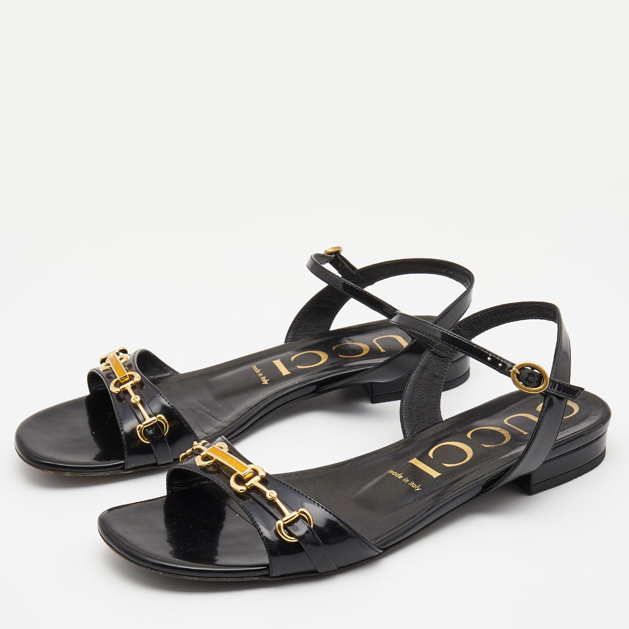 

Gucci Black Patent Leather Ankle Strap Flat Sandals Size