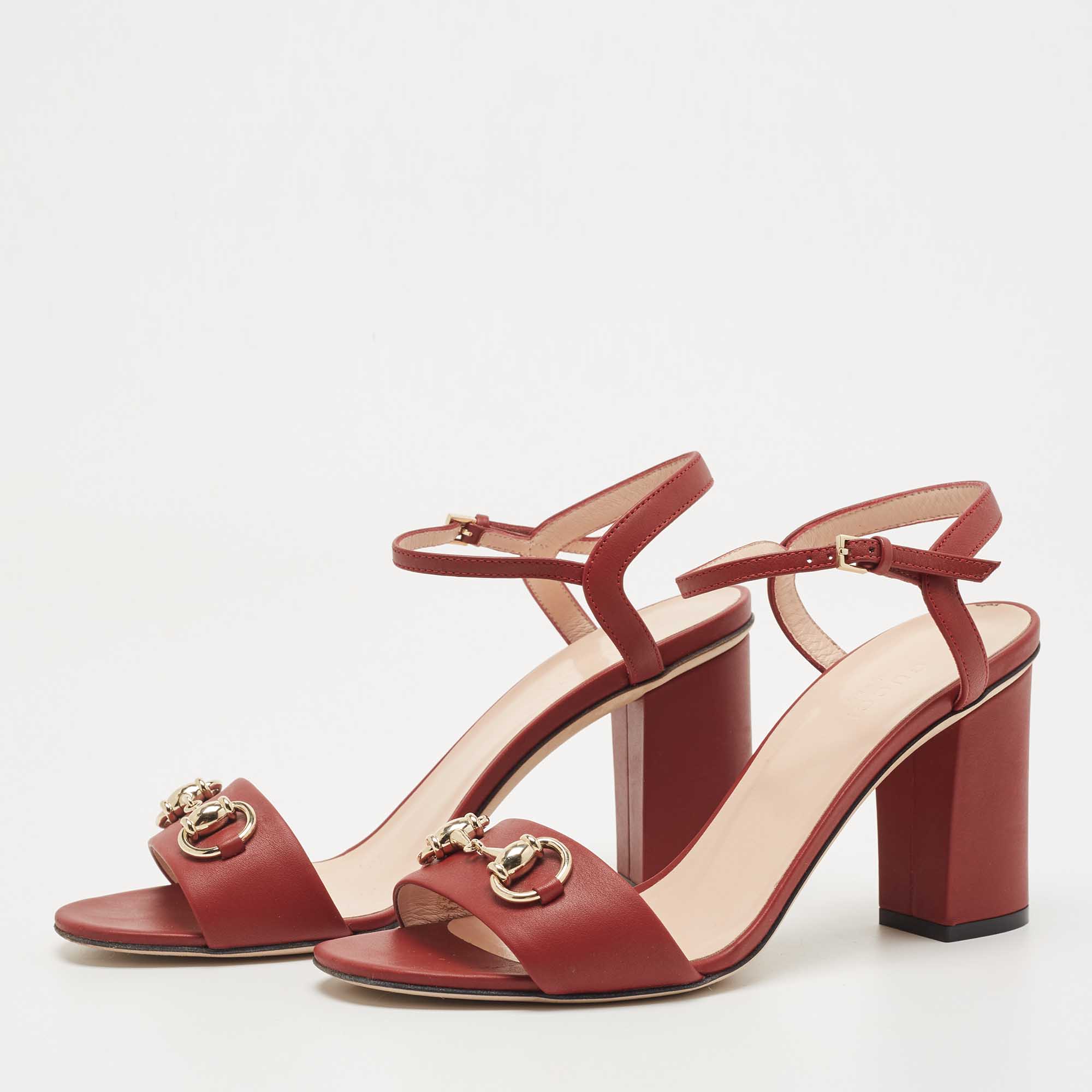 

Gucci Red Leather Horsebit Block Heel Ankle Strap Sandals Size