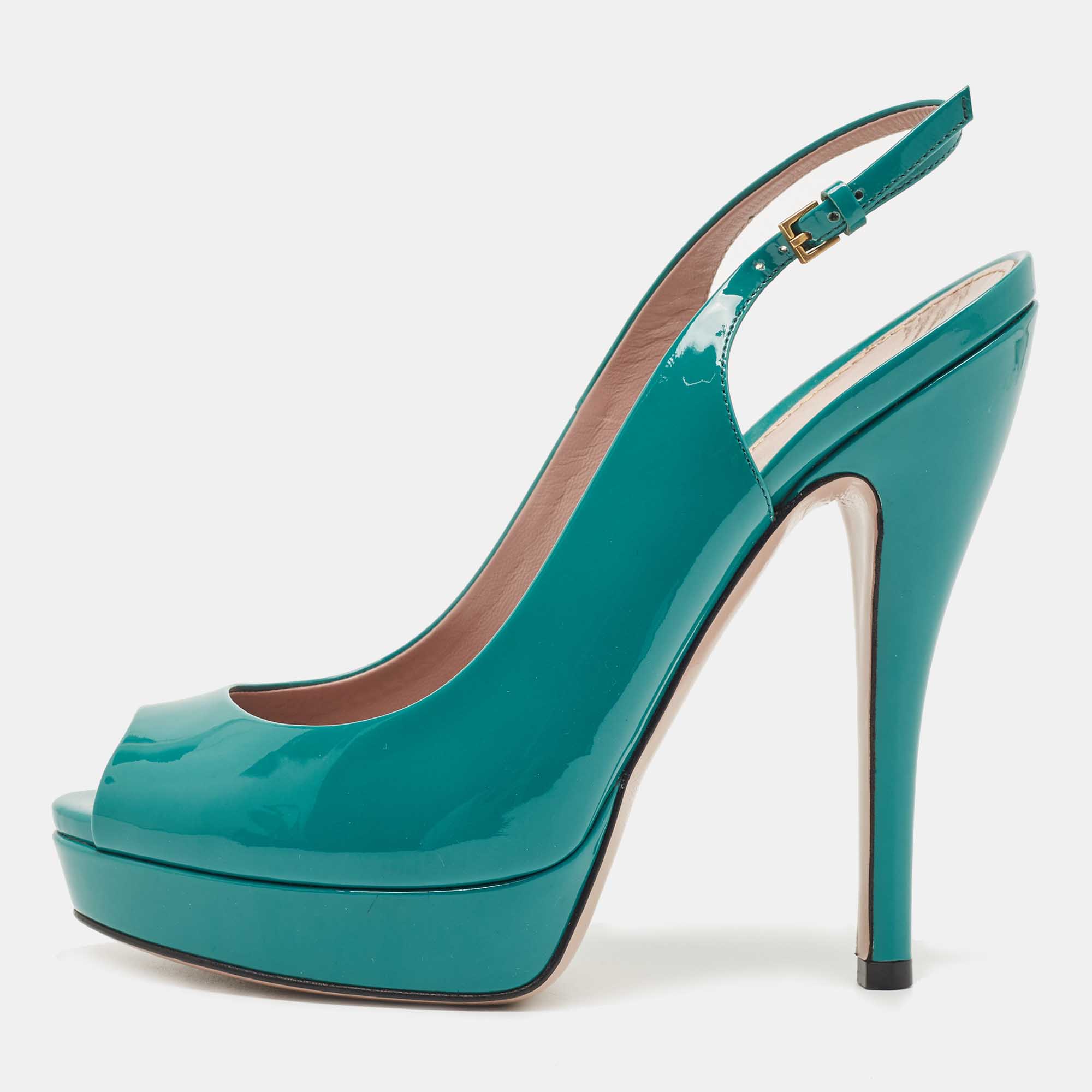 Pre-owned Gucci Teal Patent Leather Peep Toe Platform Slingback Pumps Size 37 In Green