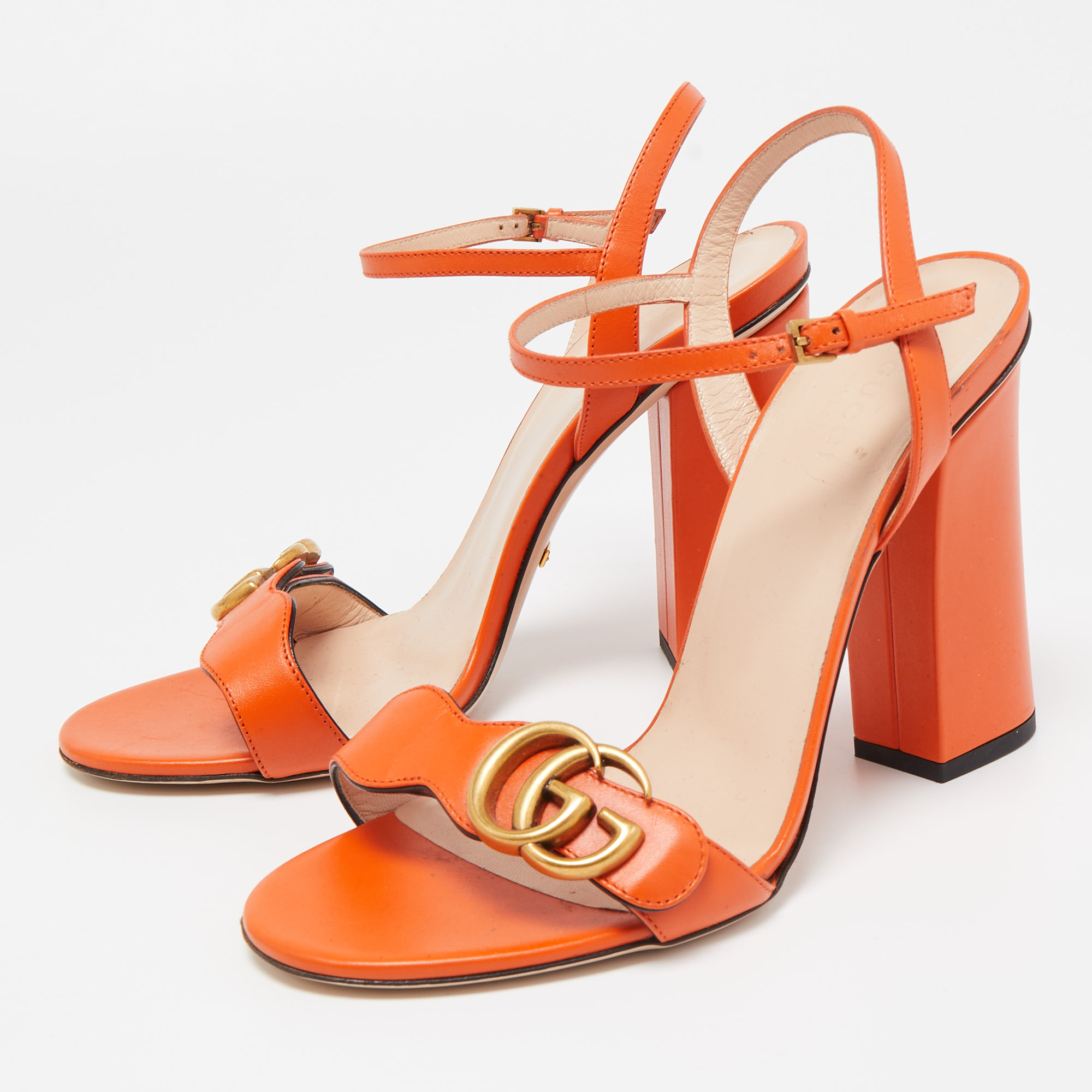 

Gucci Orange Leather GG Marmont Ankle Strap Sandals Size