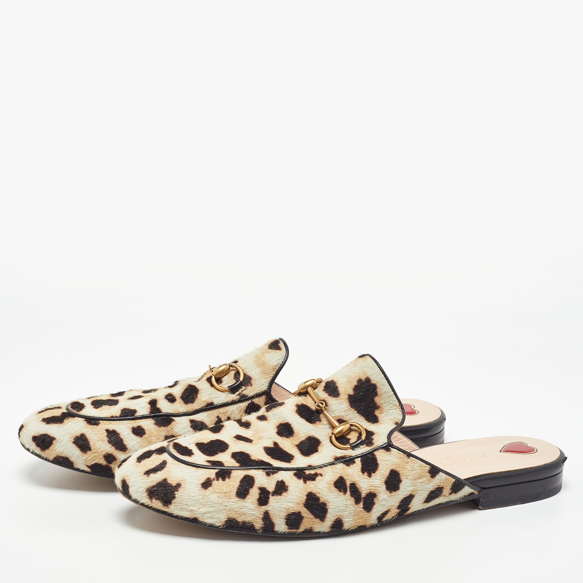 

Gucci Beige Leopard Print Calfhair Princetown Horsebit Flat Mules Size