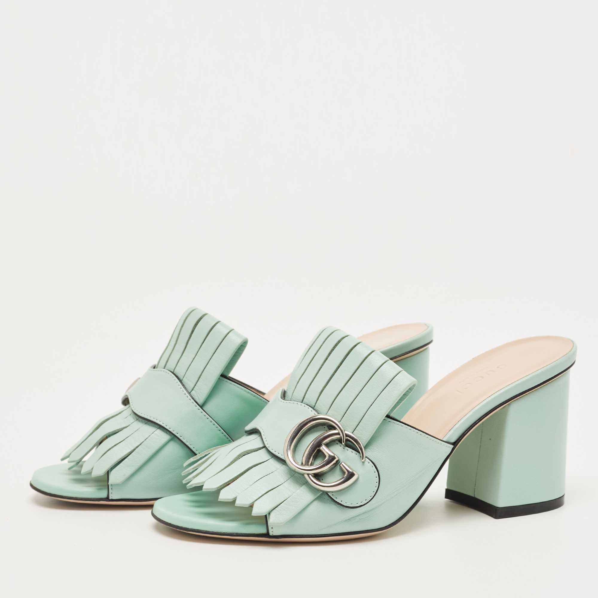 

Gucci Blue Leather GG Marmont Fringe Slide Sandals Size