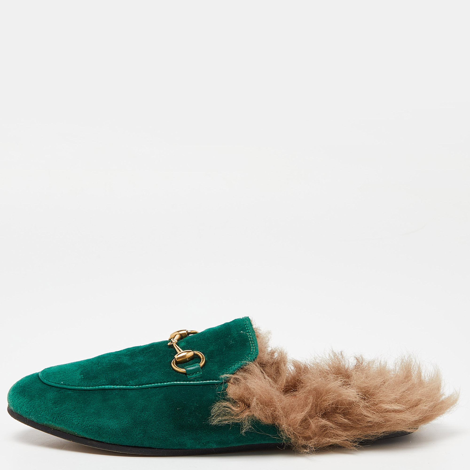 Pre-owned Gucci Green Velvet Horsebit Princetown Flat Mules Size 35