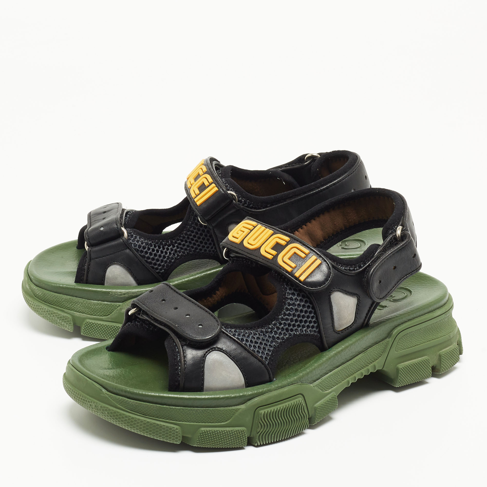

Gucci Black/Green Leather and Mesh Sega Velcro Slingback Sandals Size