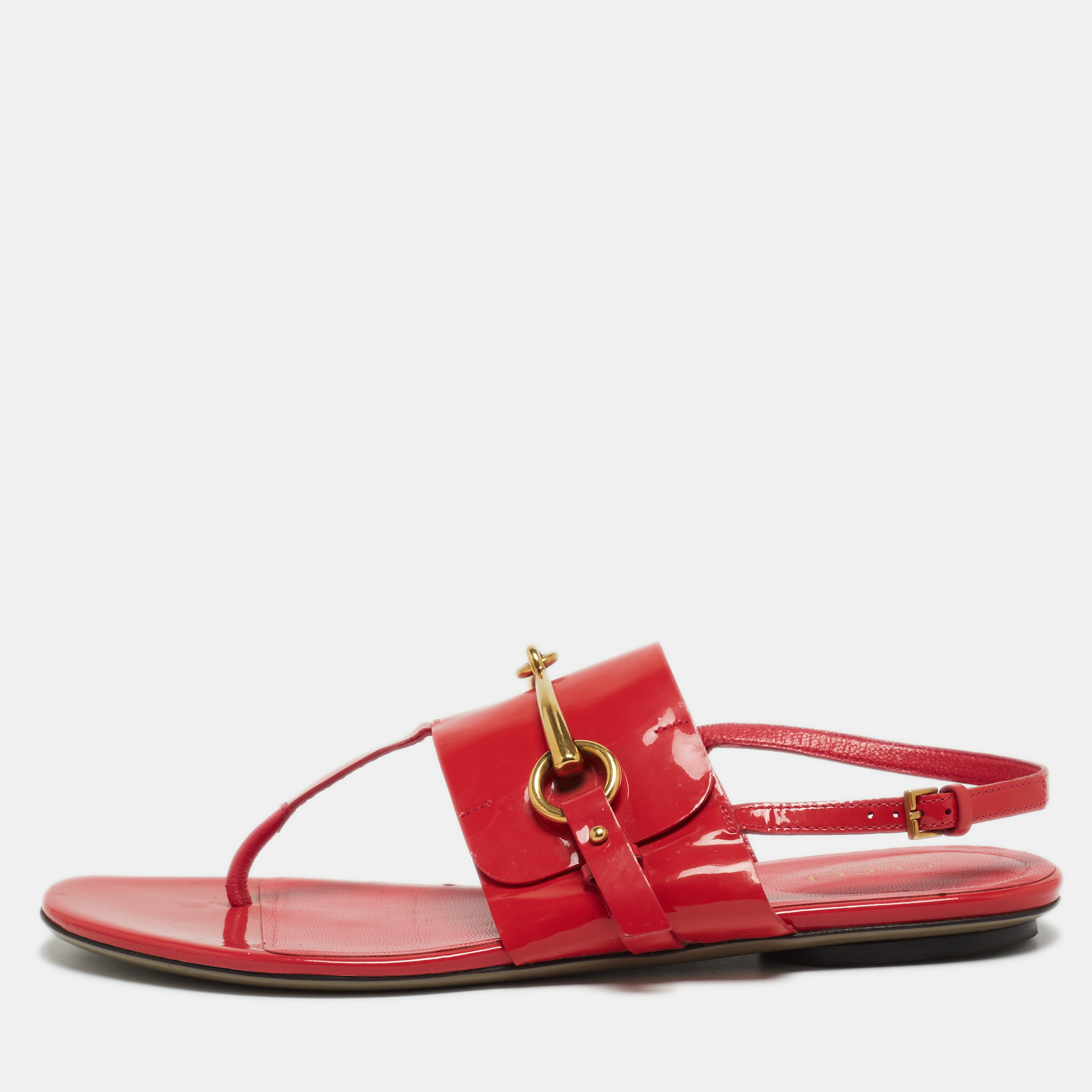 Pre-owned Gucci Red Patent Leather Slingback Flat Sandals Size 38