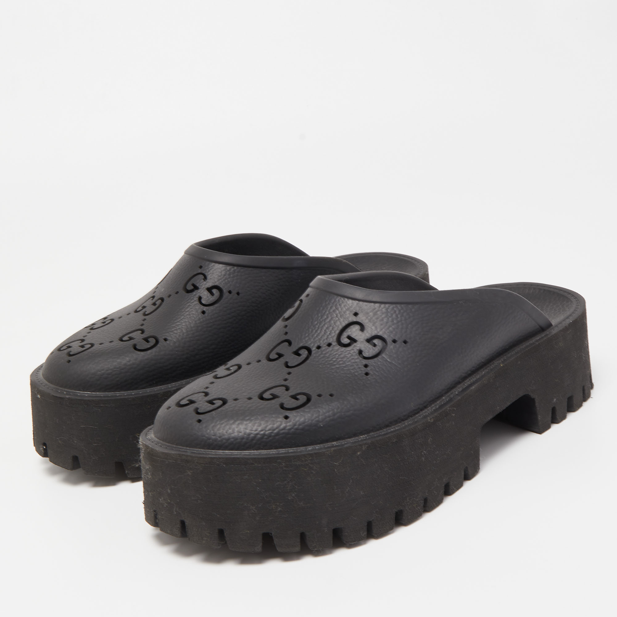 

Gucci Black Perforated GG Rubber Platform Mules Size