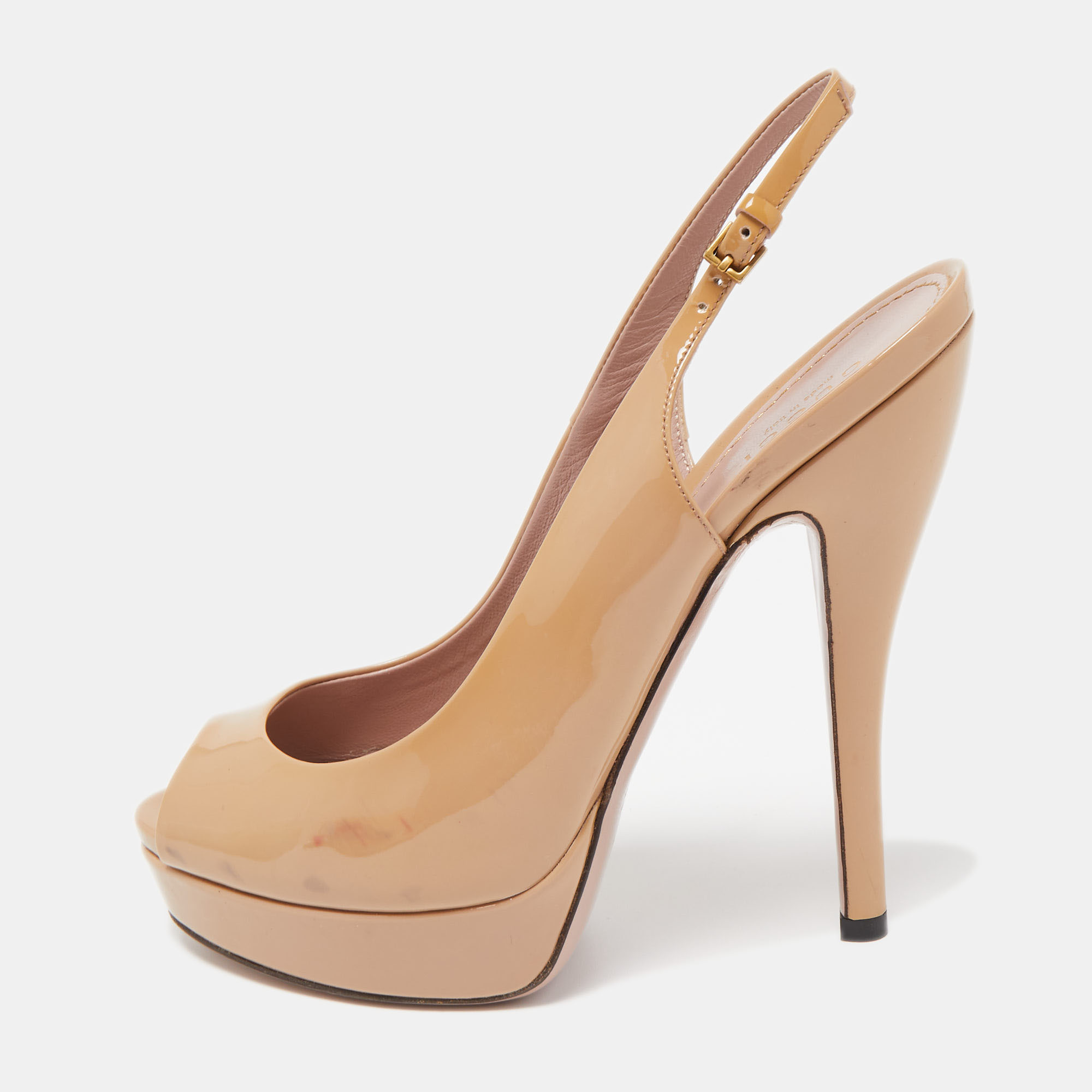 

Gucci Beige Patent Leather Peep Toe Platform Slingback Sandals Size