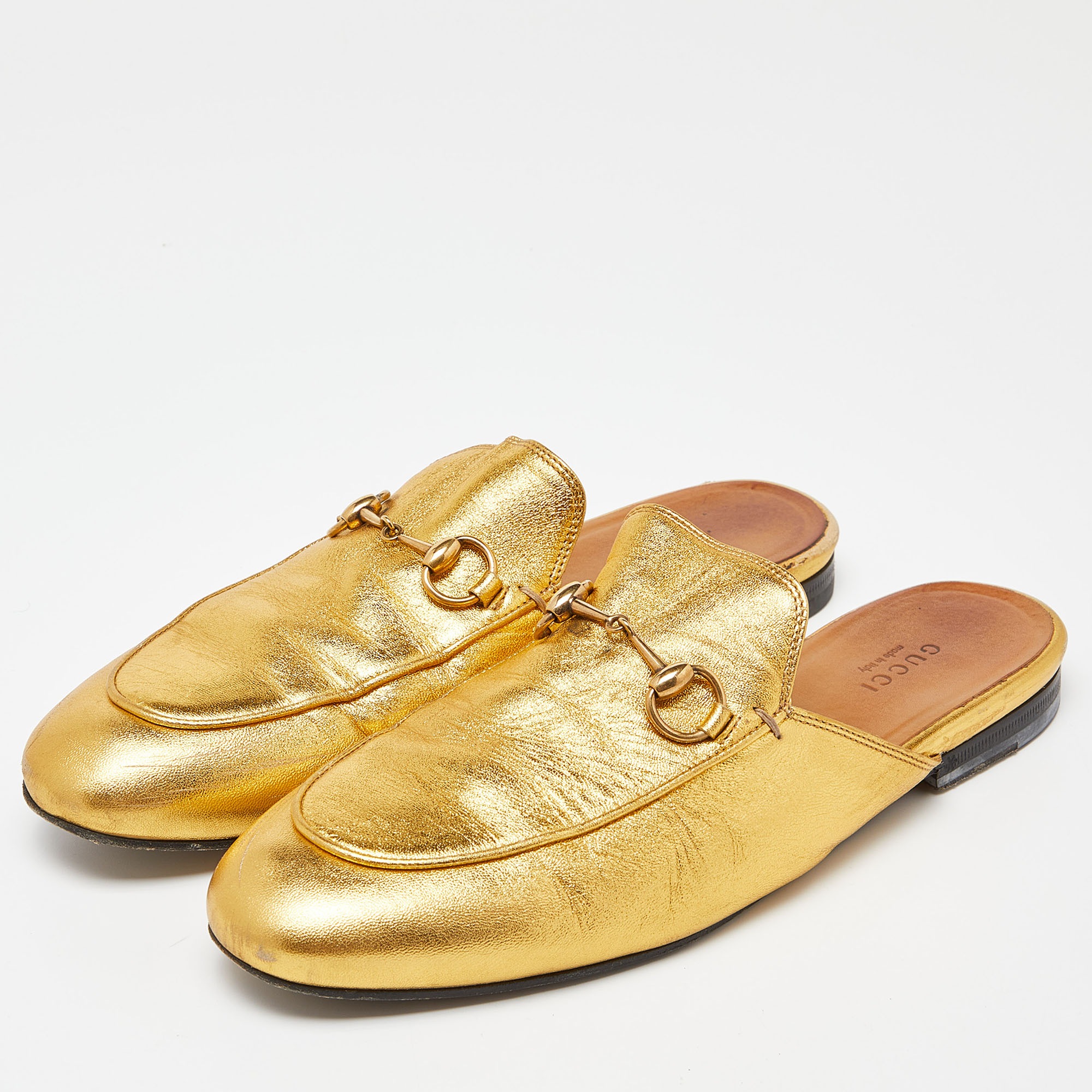 

Gucci Gold Leather Princetown Horsebit Flat Mules Size