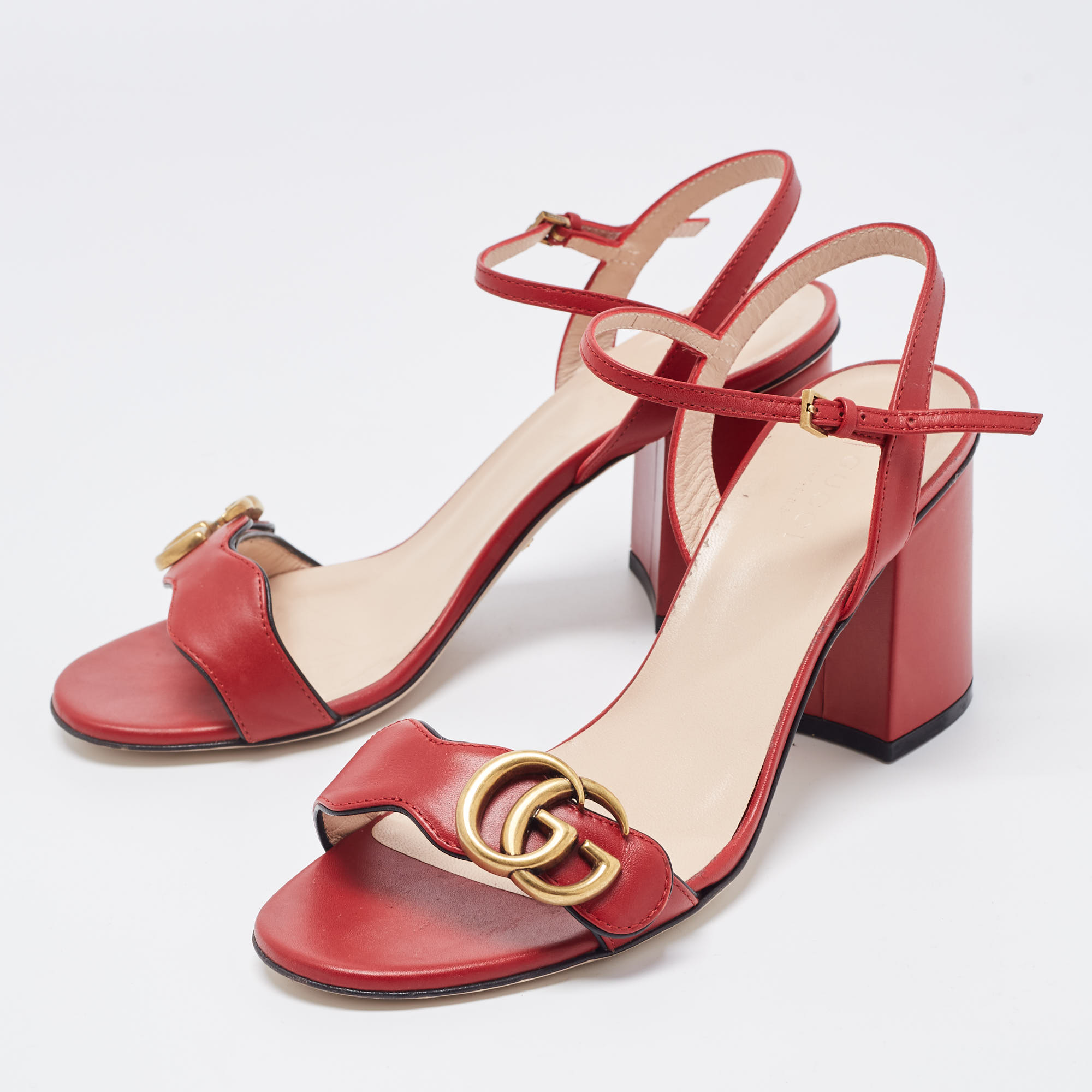 

Gucci Red Leather GG Marmont Block Heel Ankle Strap Sandals Size