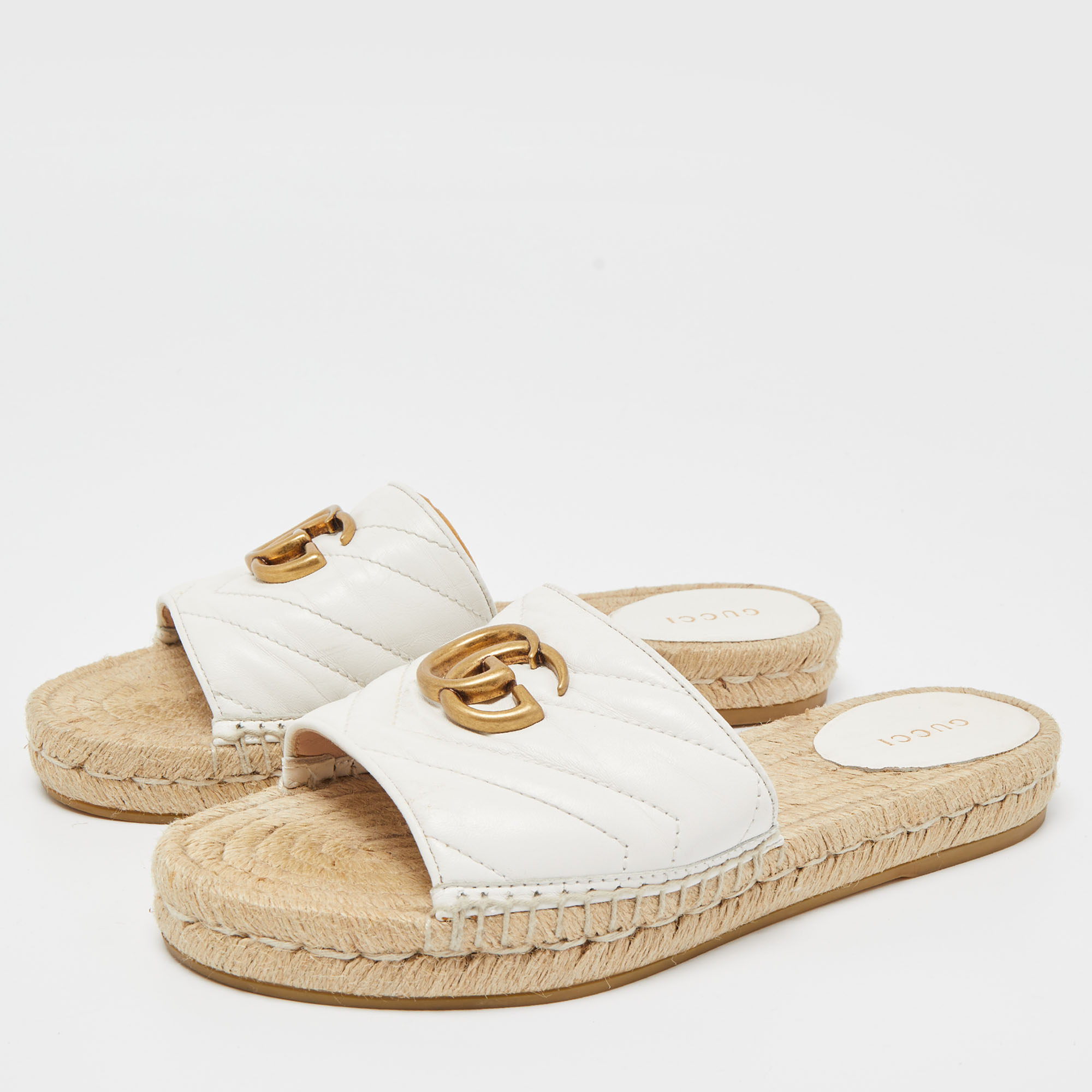 

Gucci White Leather Double G Espadrilles Flat Slides Size