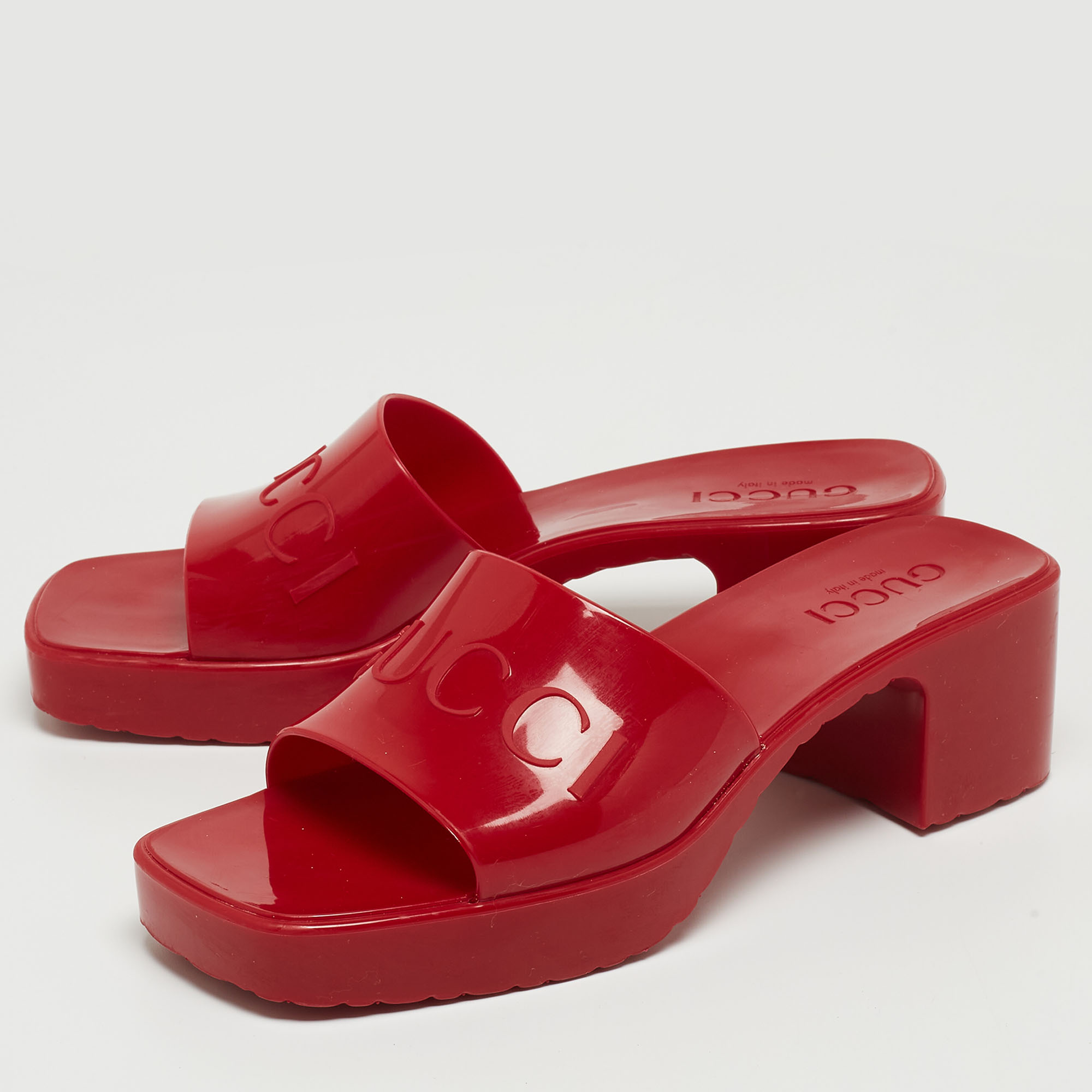 

Gucci Red Rubber Block Heel Slide Sandals Size
