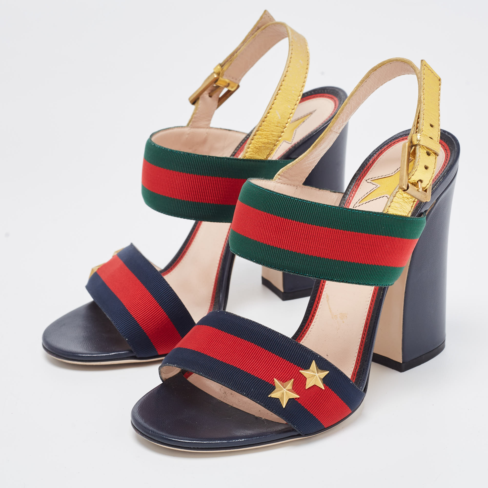 

Gucci Gold Leather and Canvas Web Slingback Sandals Size