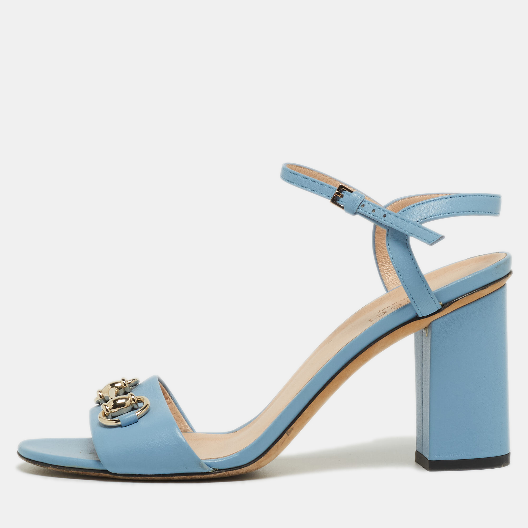 

Gucci Blue Leather Horsebit Ankle Strap Sandals Size
