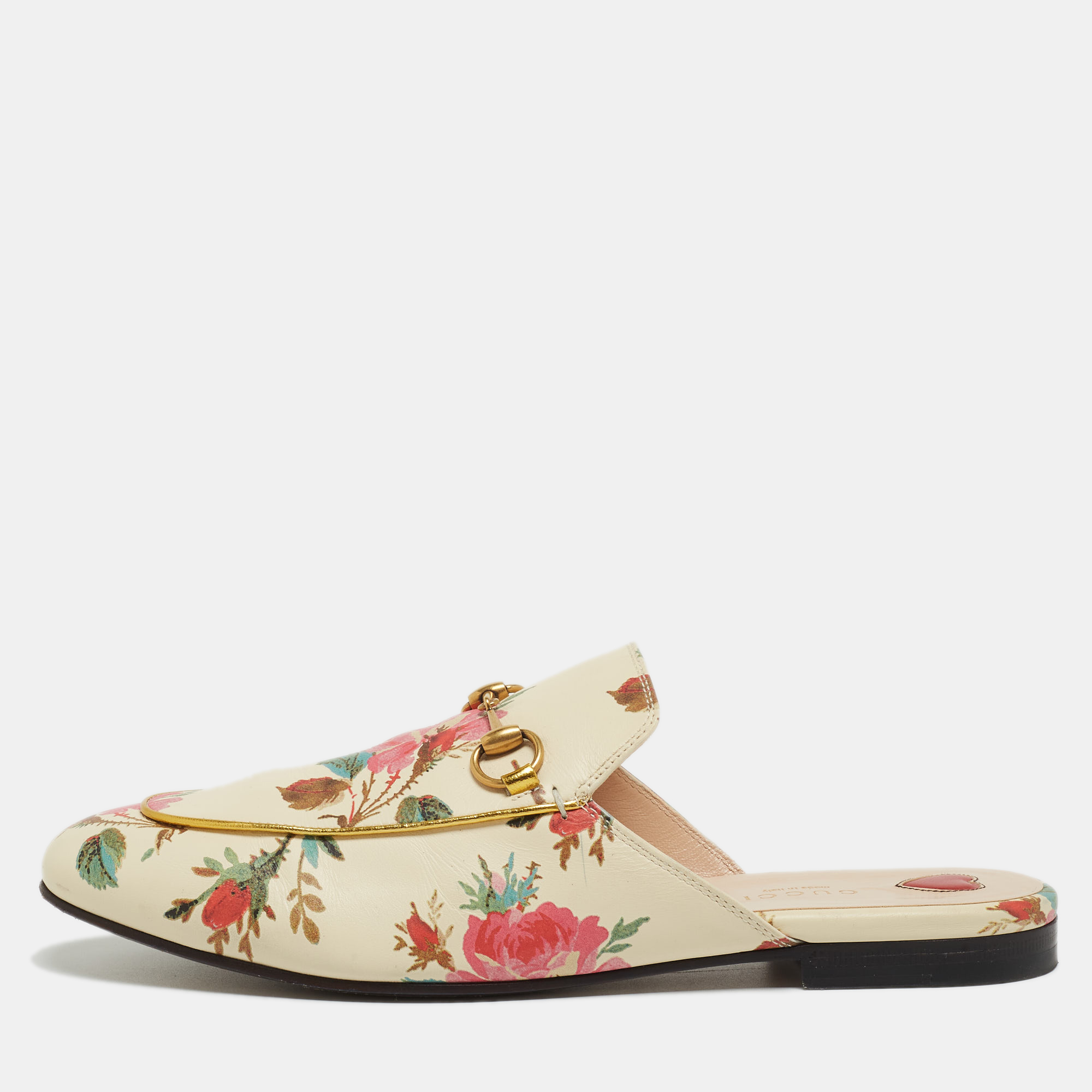 Pre-owned Gucci Cream Floral Print Leather Princetown Flat Mules