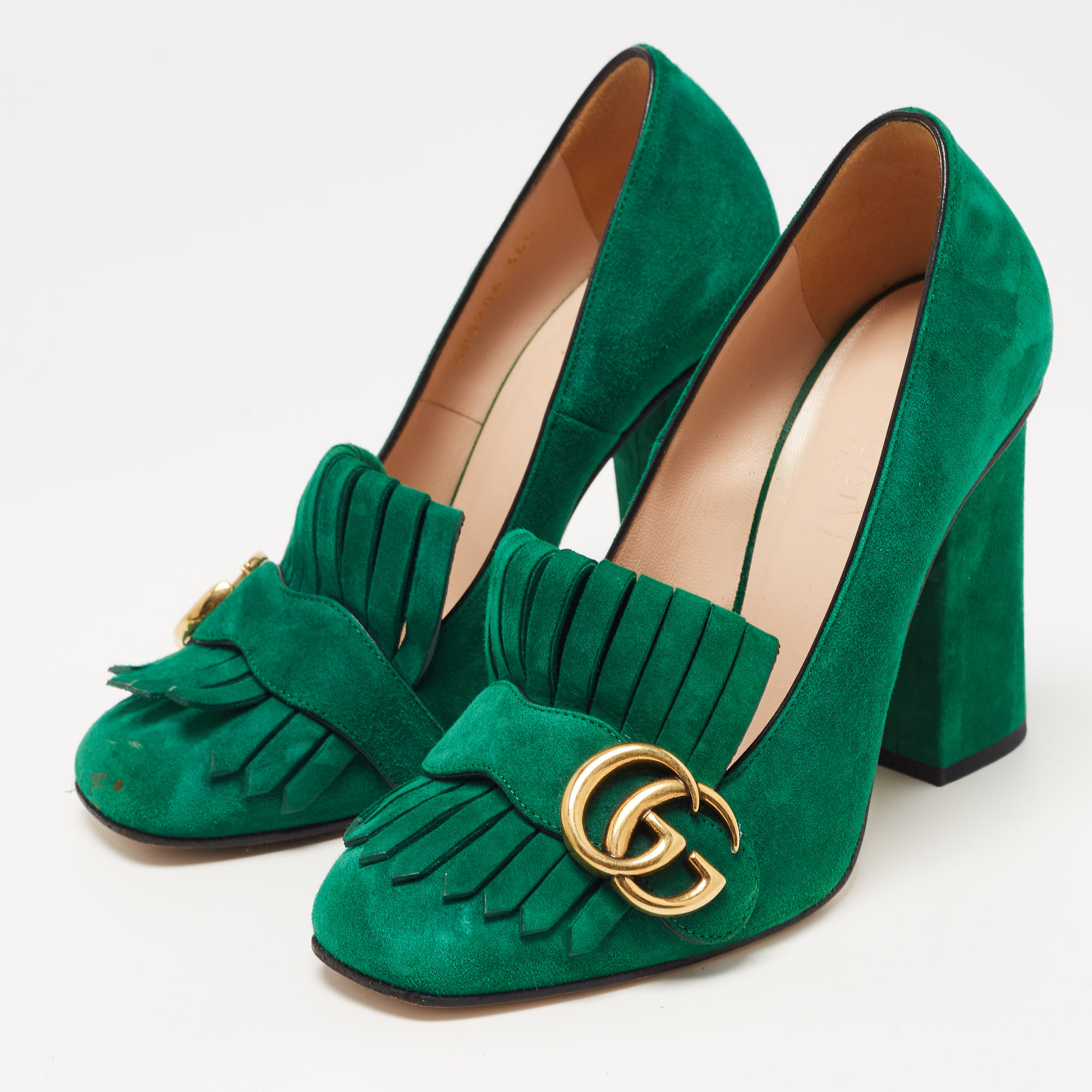 

Gucci Green Suede GG Marmont Fringe Pumps Size