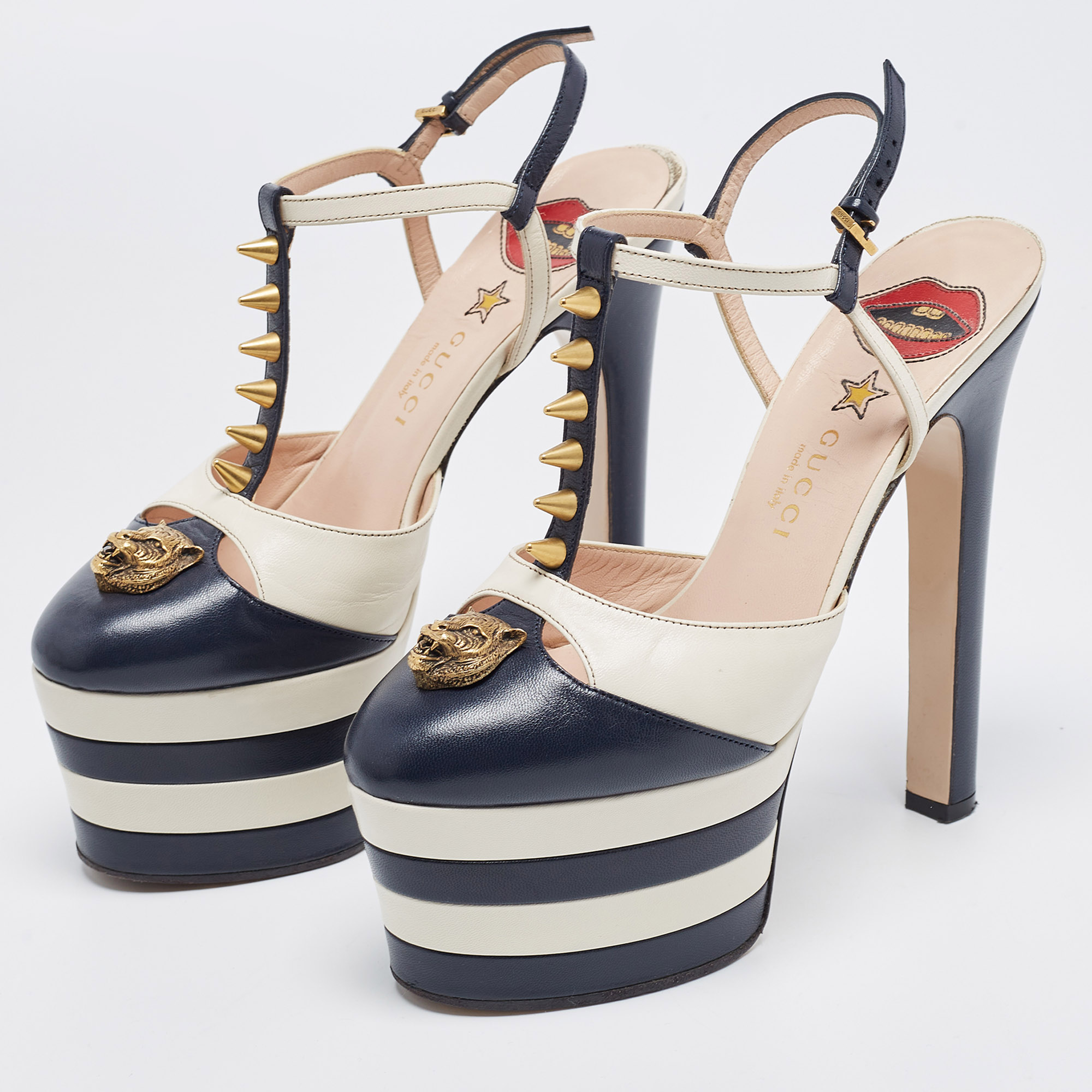 

Gucci Navy Blue/White Leather Studded Angel Platform Pumps Size