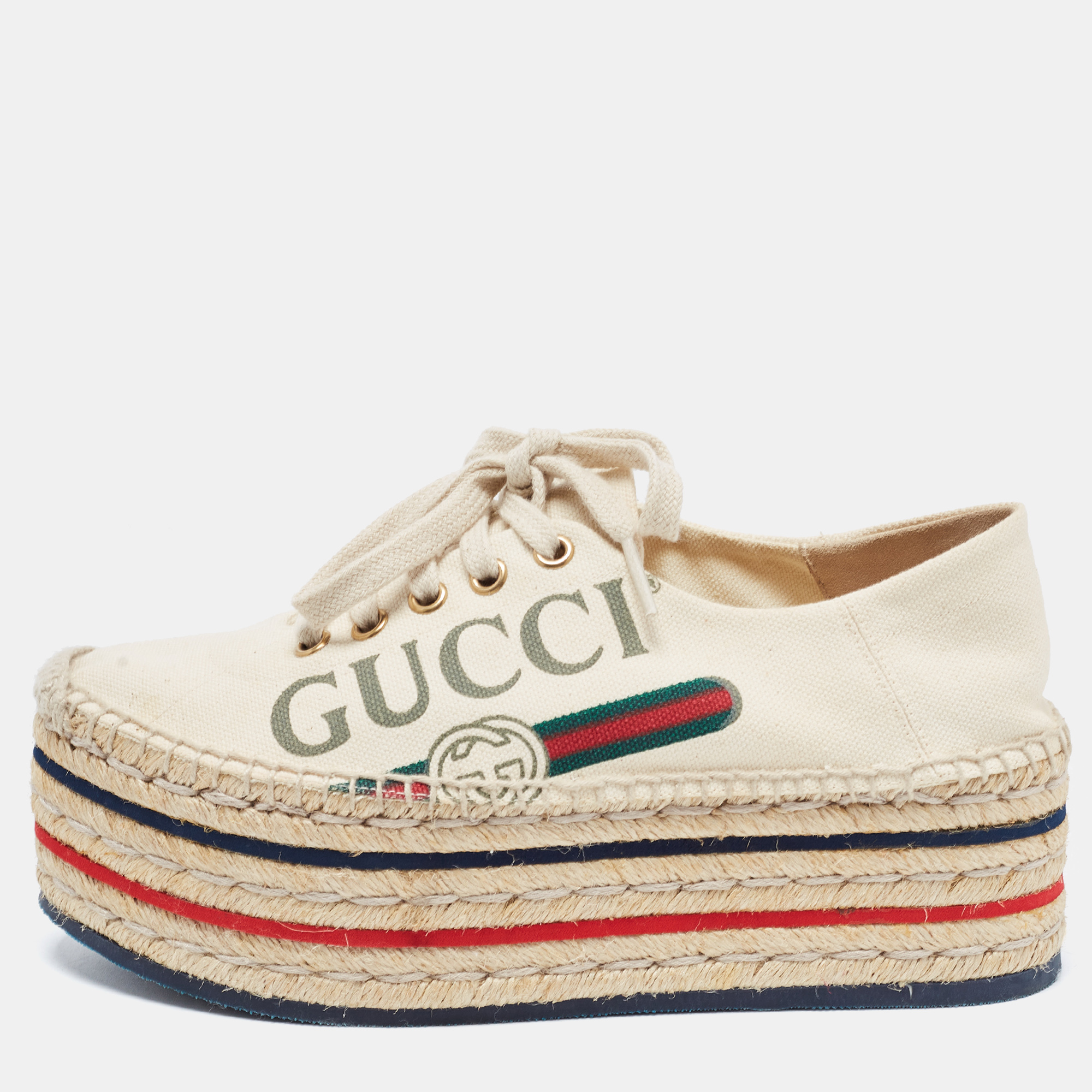 Pre-owned Gucci Cream Canvas Lilibeth Espadrille Platform Trainers Size 35.5