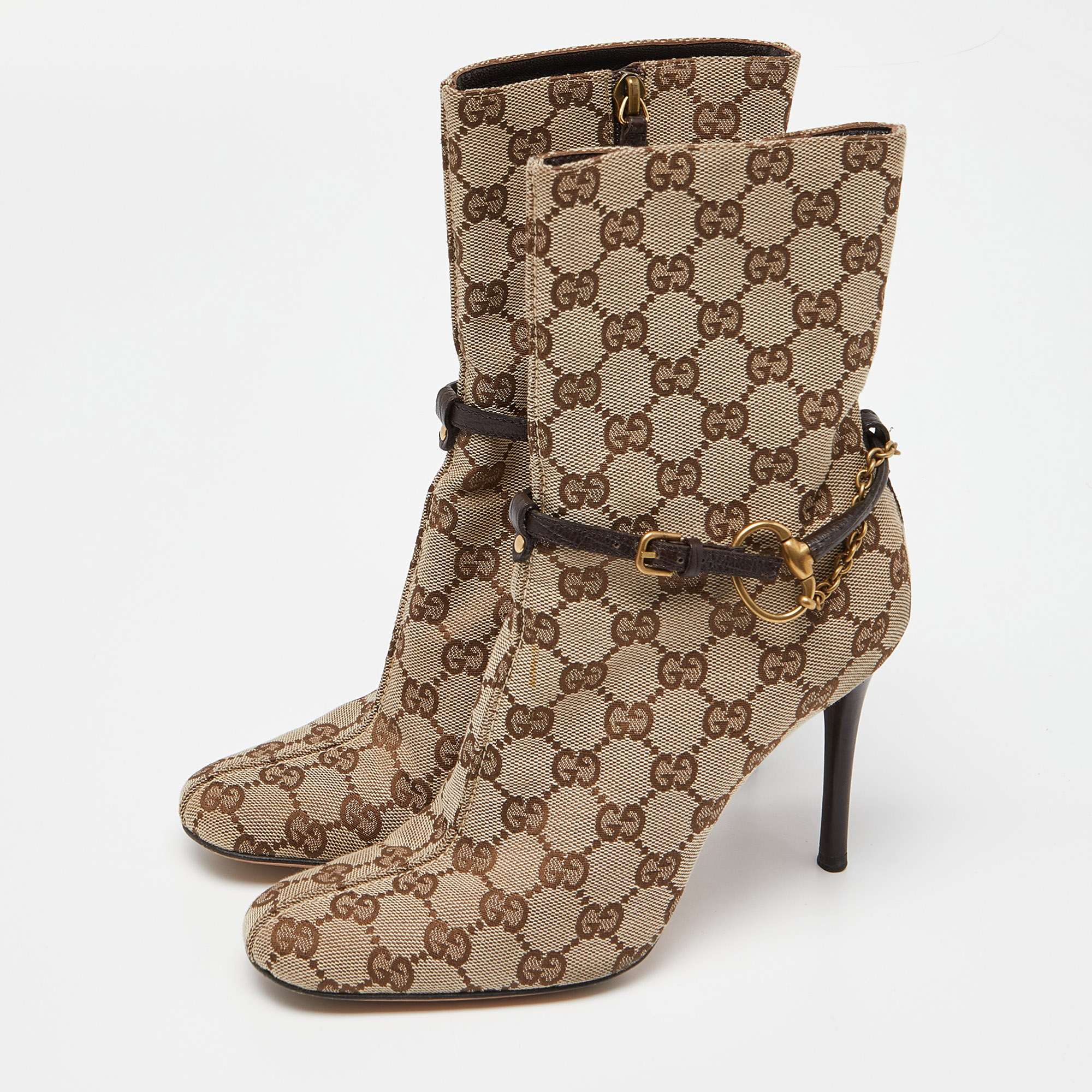 

Gucci Beige/Brown GG Canvas Horsebit Chain Ankle Booties Size