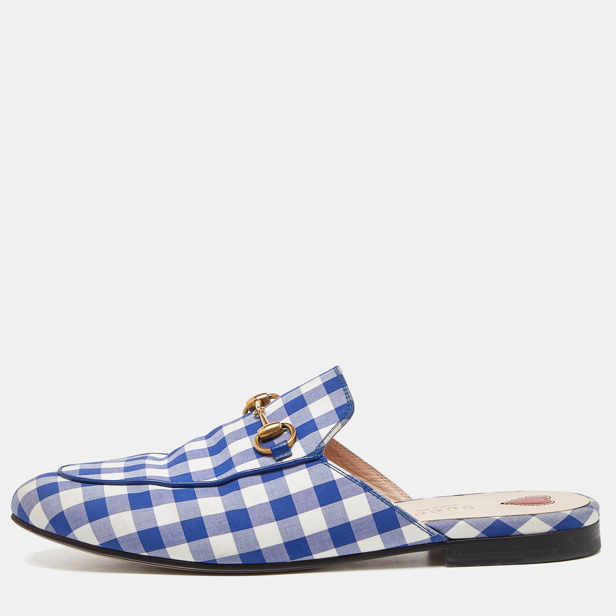 Pre-owned Gucci Blue/white Plaid Fabric Princetown Flat Mules Size 38