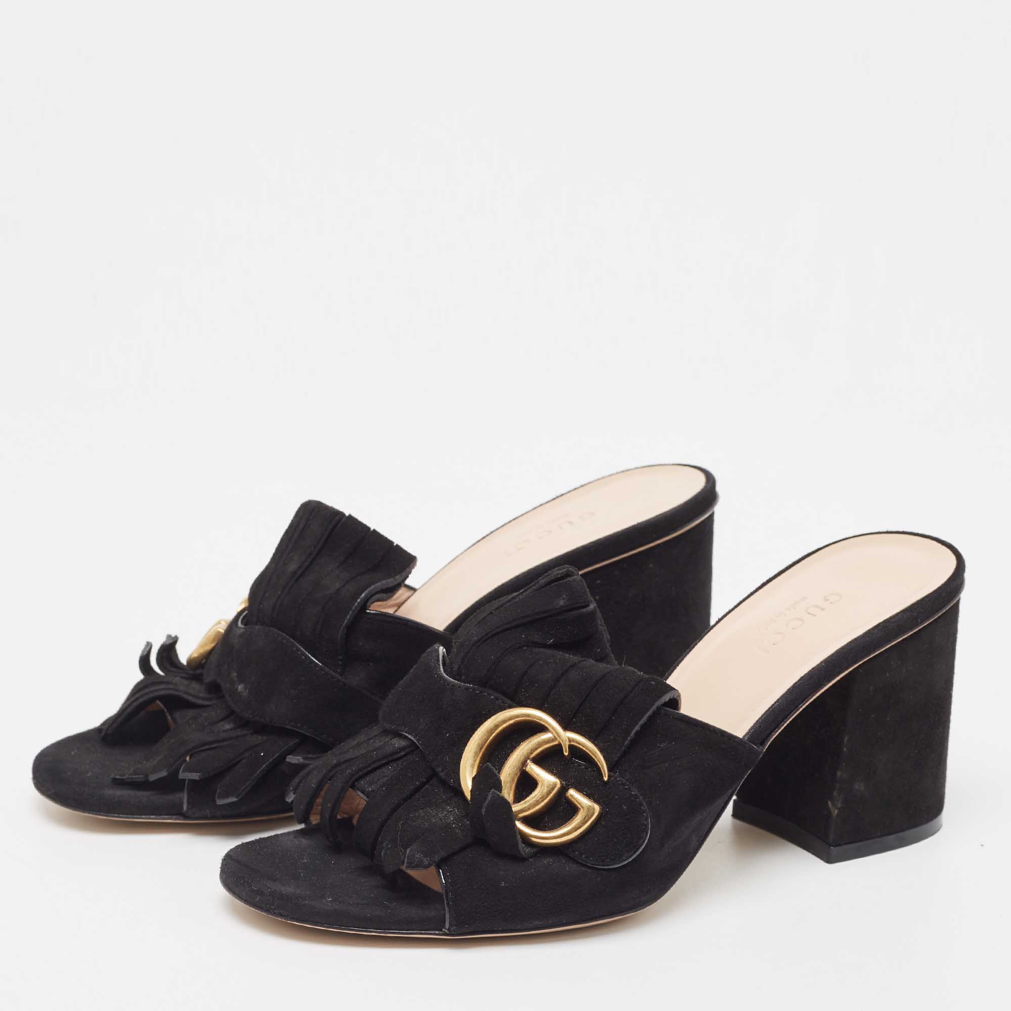 

Gucci Black Suede GG Marmont Fringe Detail Block Heel Sandals Size