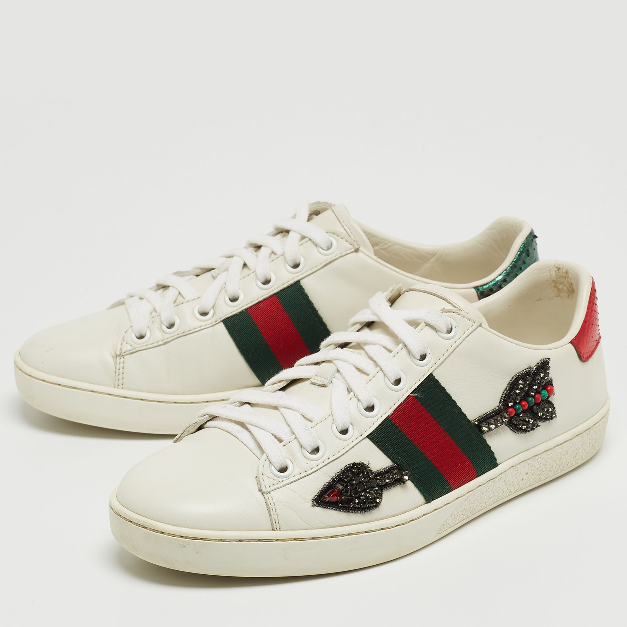 

Gucci White Leather Embellished Ace Low Top Sneakers Size