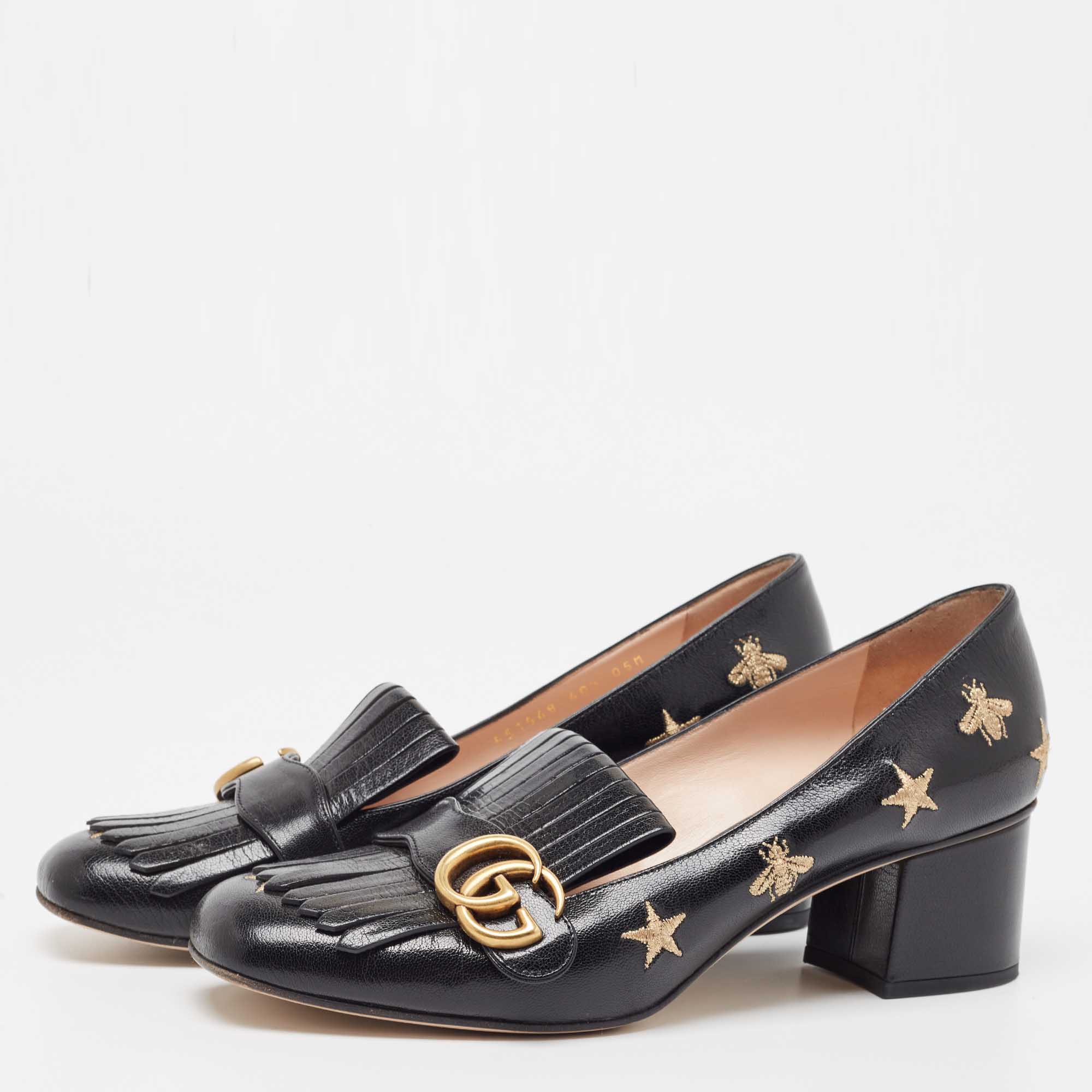 

Gucci Black Leather Star and Bee Embroidered GG Marmont Fringe Loafer Pumps Size