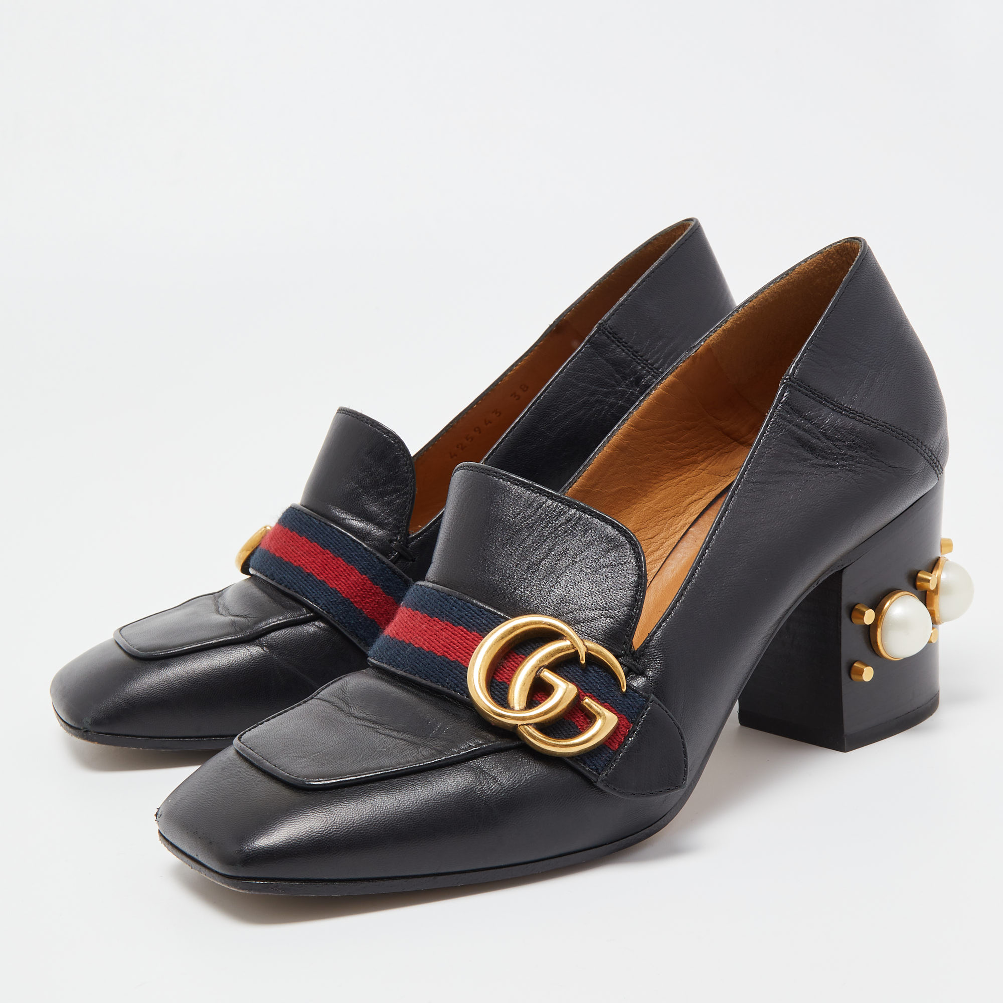 

Gucci Black Leather Double G Pearl Embellished Loafer Pumps Size