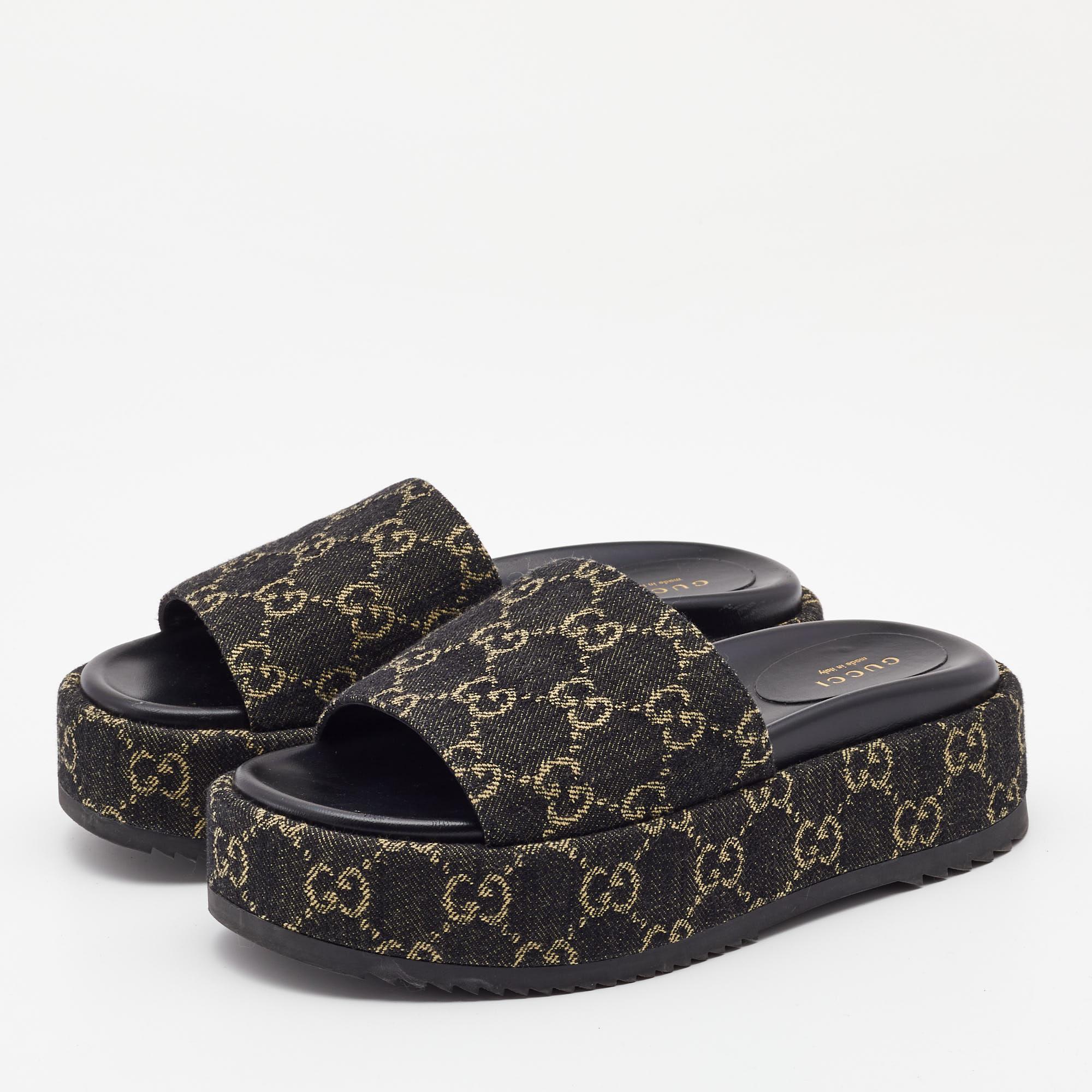 

Gucci Black/Beige GG Canvas Platform Flat Slides Size