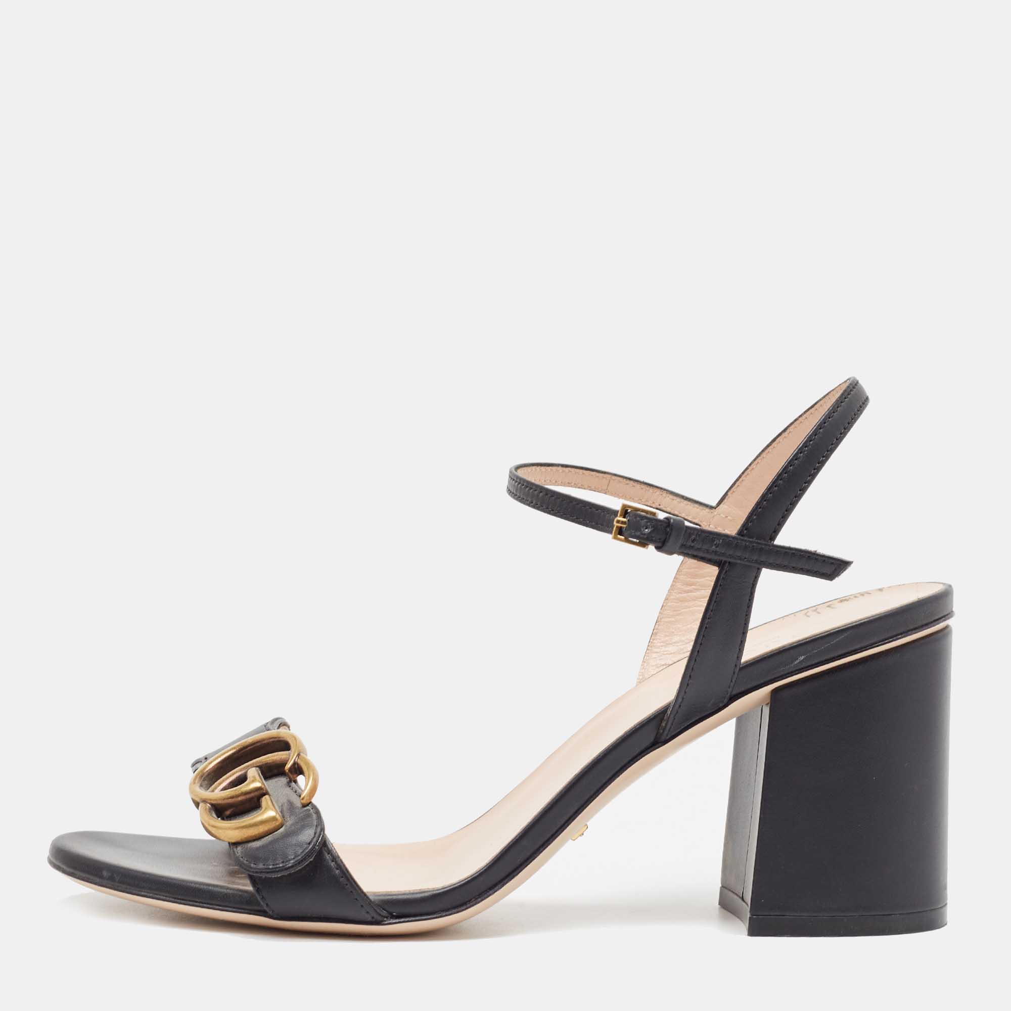 Gucci Black Leather GG Marmont Ankle Strap Sandals Size 38