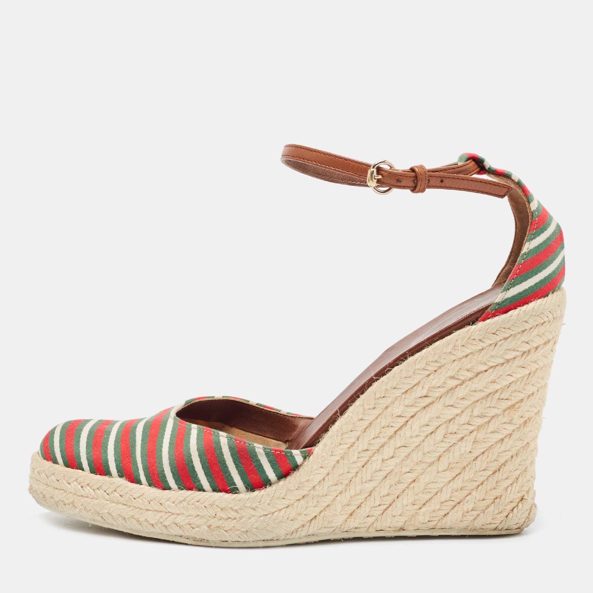Pre-owned Gucci Multicolor Fabric Platform Wedge Espadrille Sandals Size 38