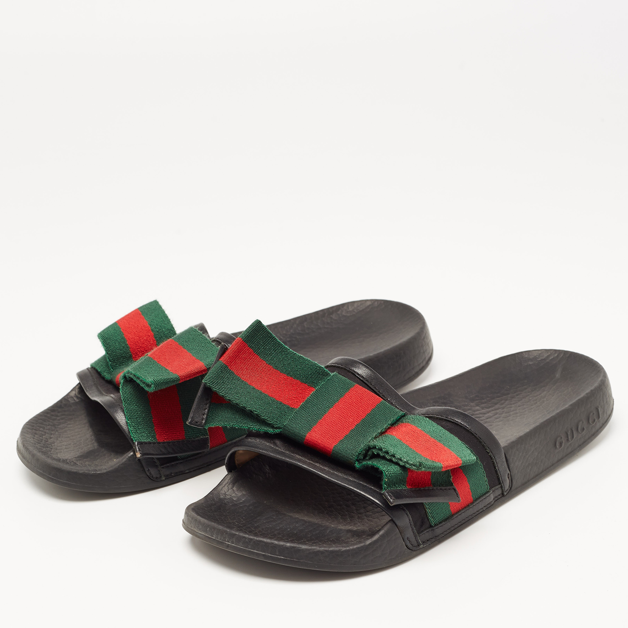 

Gucci Black Fabric And Leather Web Detail Bow Slide Sandals Size