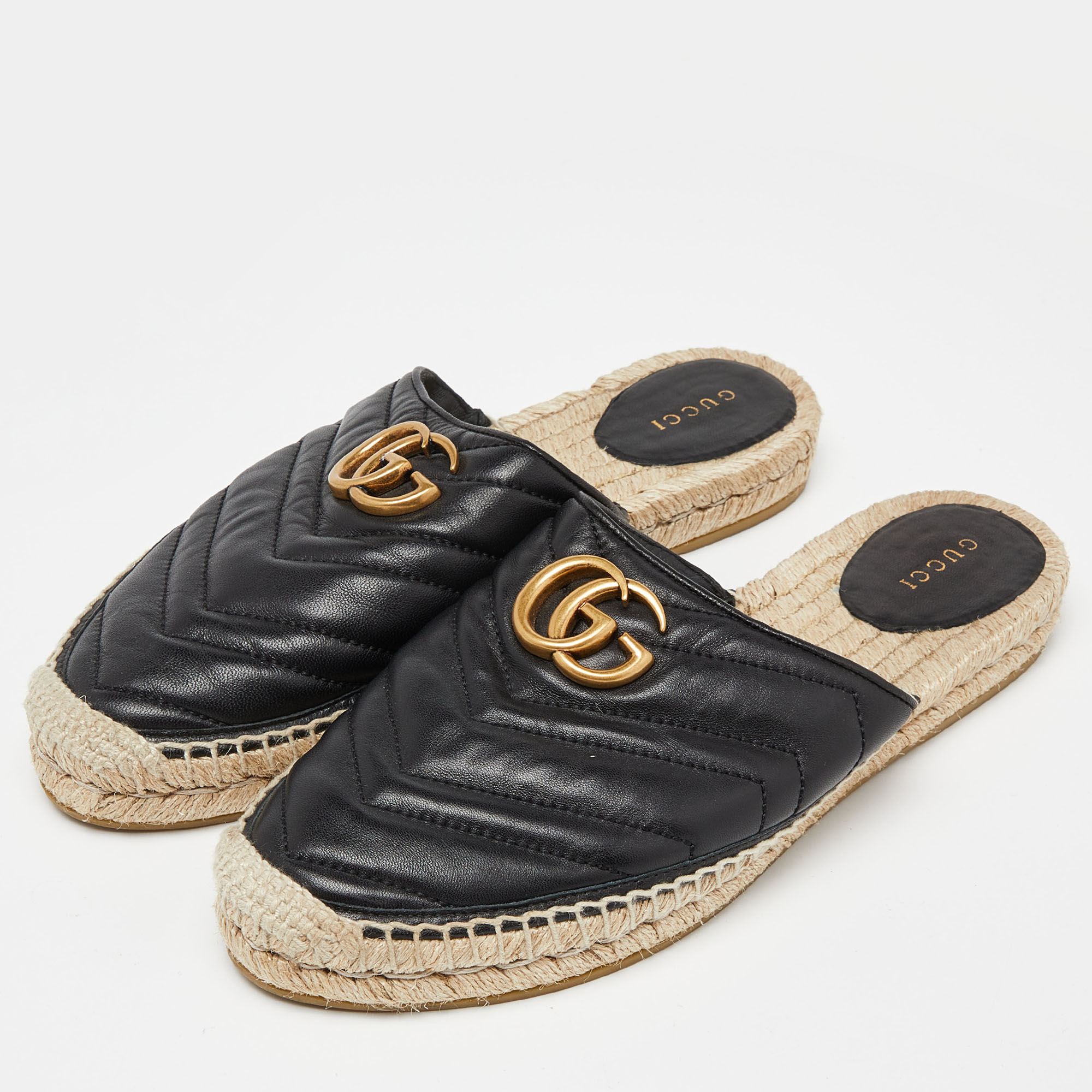 

Gucci Black Matelasse Leather GG Marmont Espadrille Mules Size