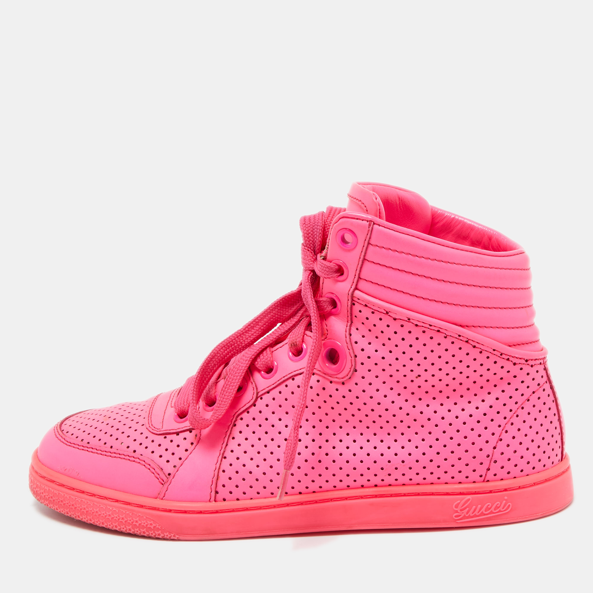 Pre-owned Gucci Neon Pink Perforated Leather Coda High Top Sneakers Size 35.5