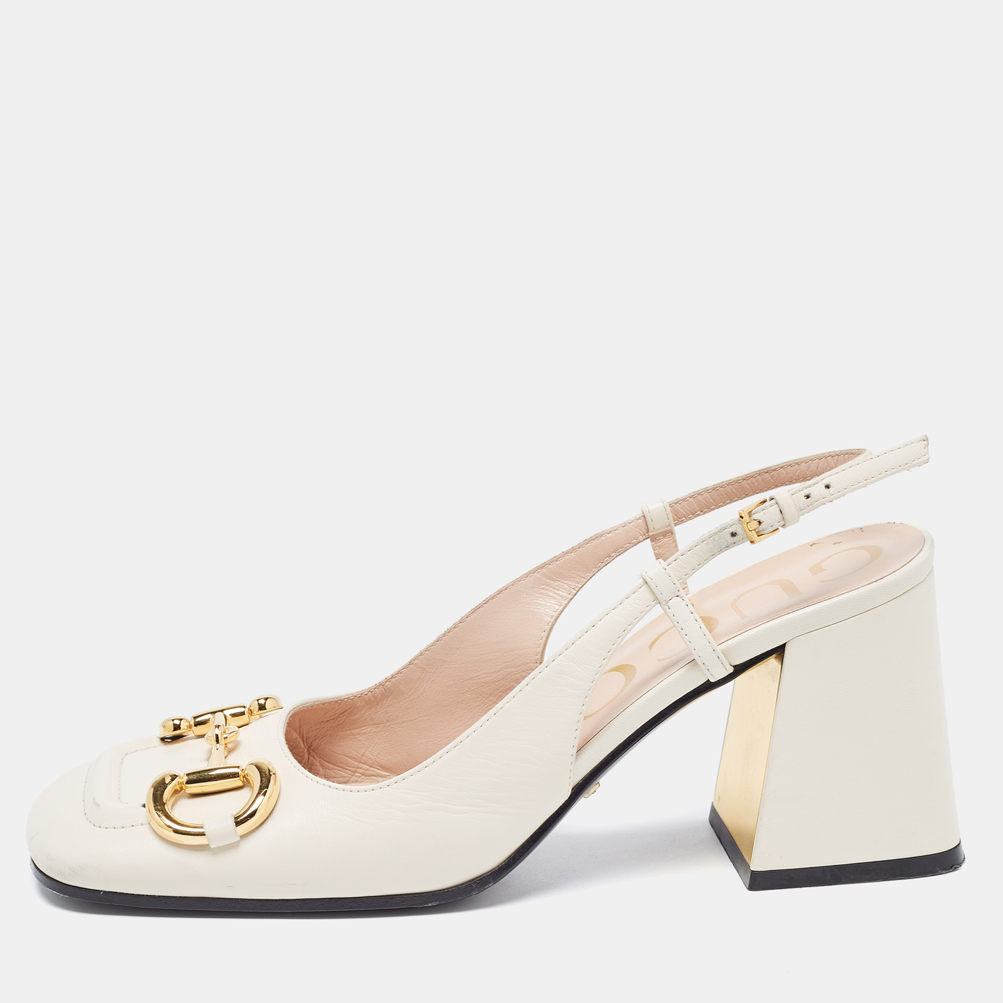 Pre-owned Gucci Cream Leather Horsebit Pumps Size 37.5