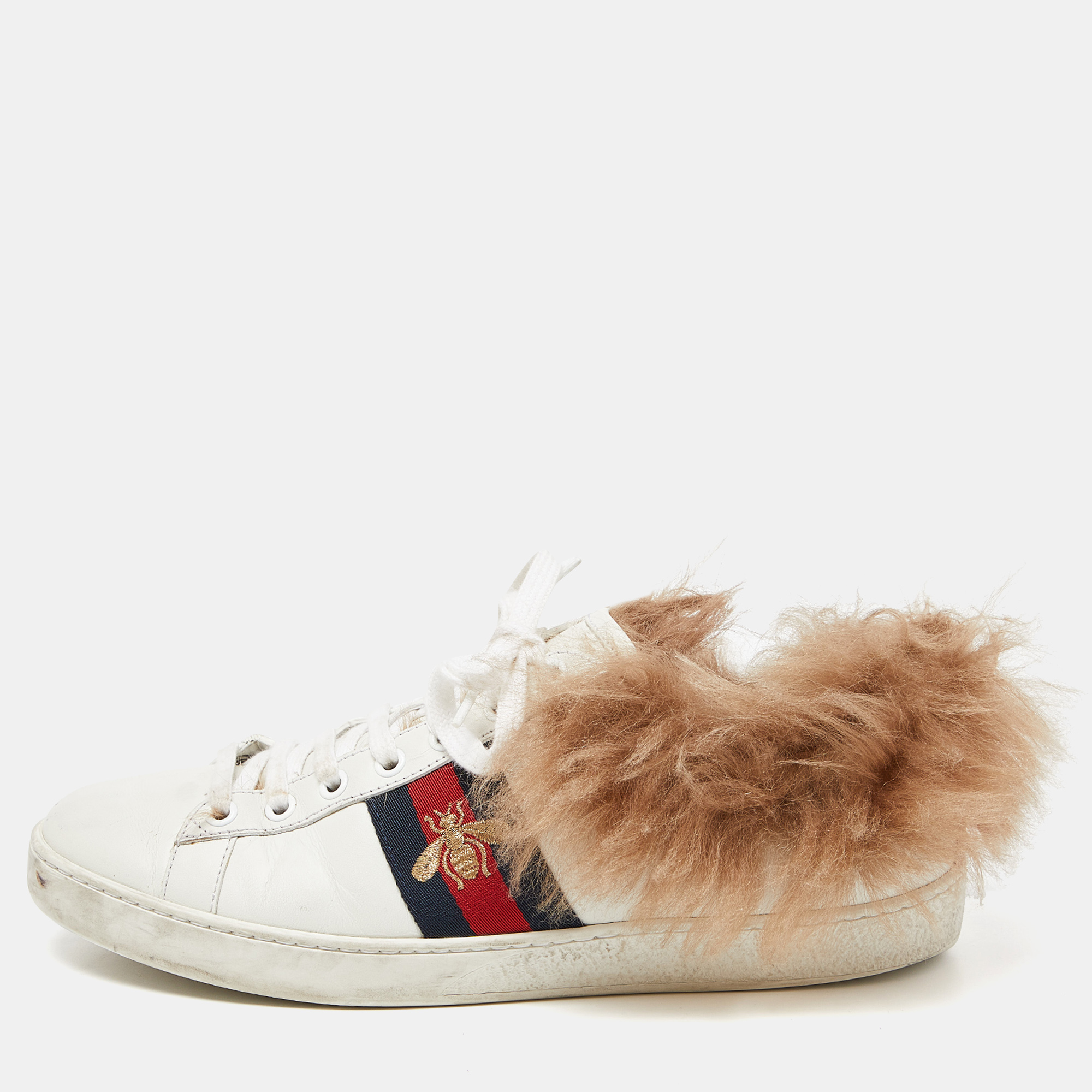 

Gucci White Leather and Fur Embroidered Bee Ace Sneakers Size