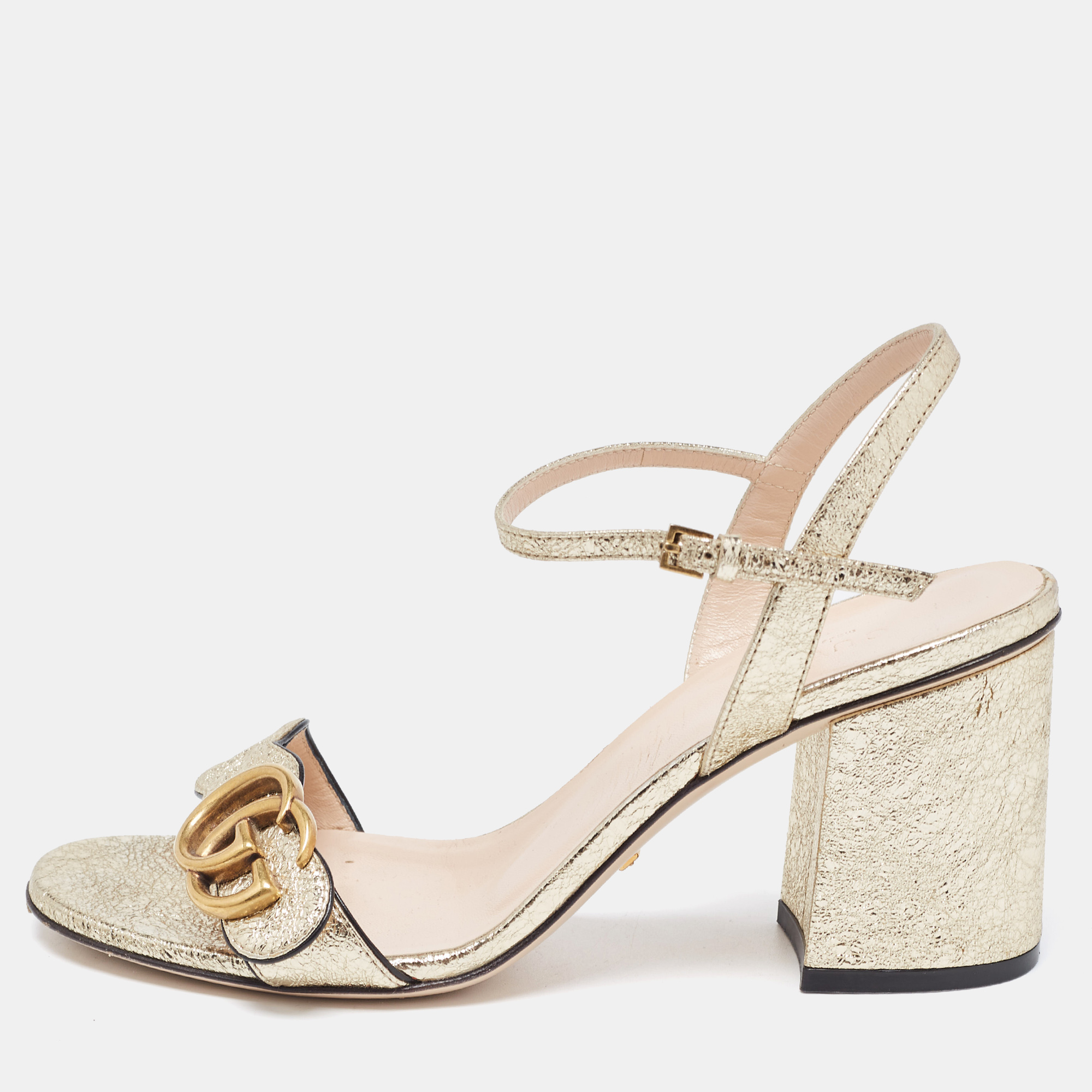 Gucci Gold Textured Leather GG Marmont Ankle Strap Sandals Size 37