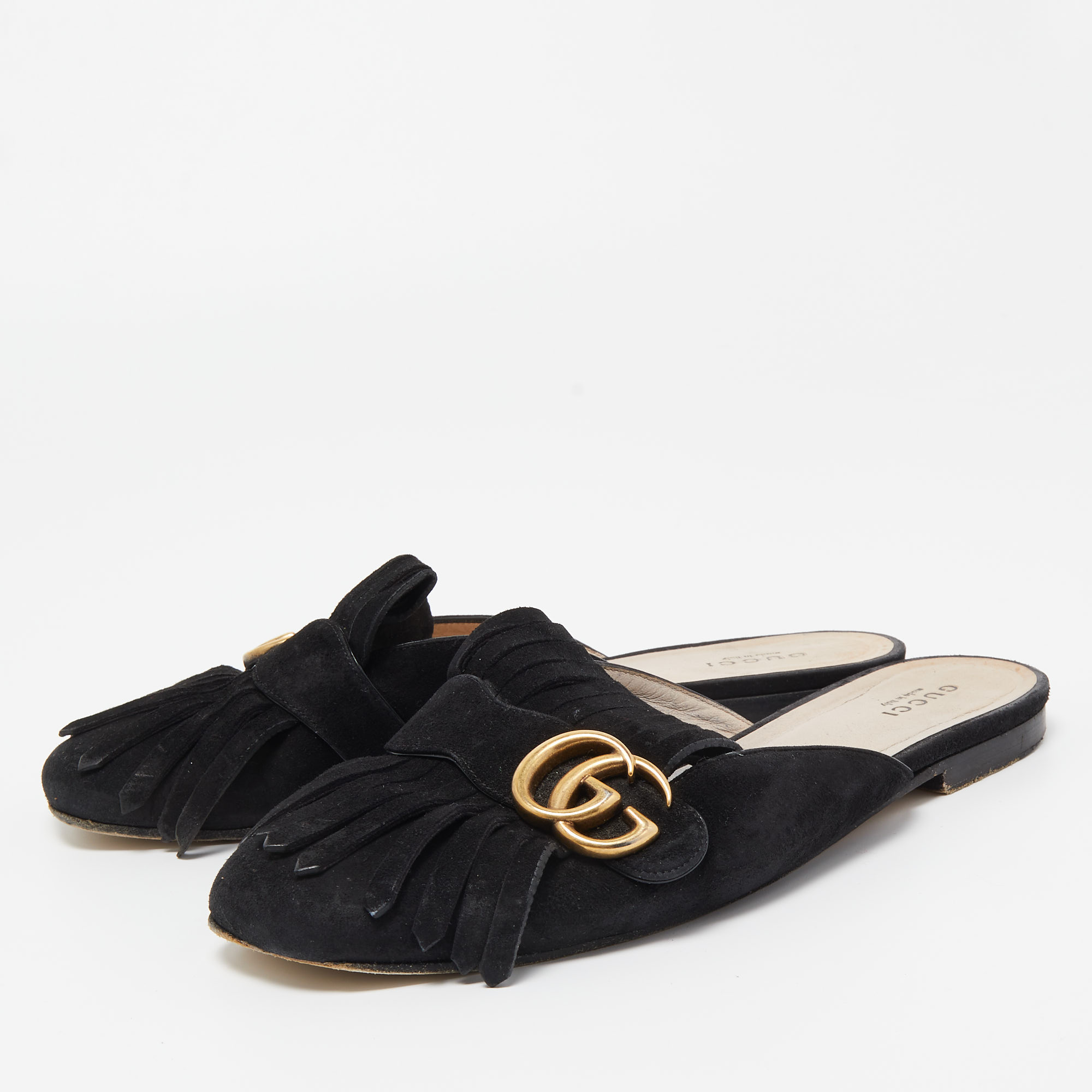 

Gucci Black Suede GG Marmont Fringed Mules Size